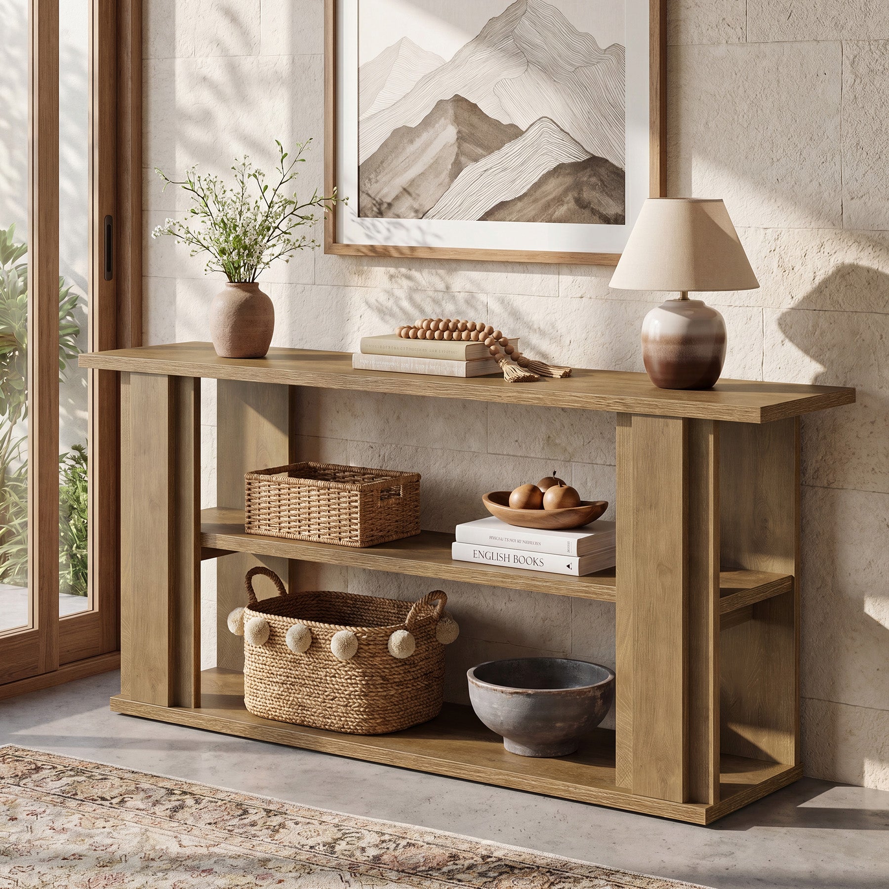 Tribesigns 63-Inch Farmhouse Console Table with 3-Tier Storage Shelves and Wide Panel Supports, Narrow Sofa Table for Living Room Hallway and Foyer