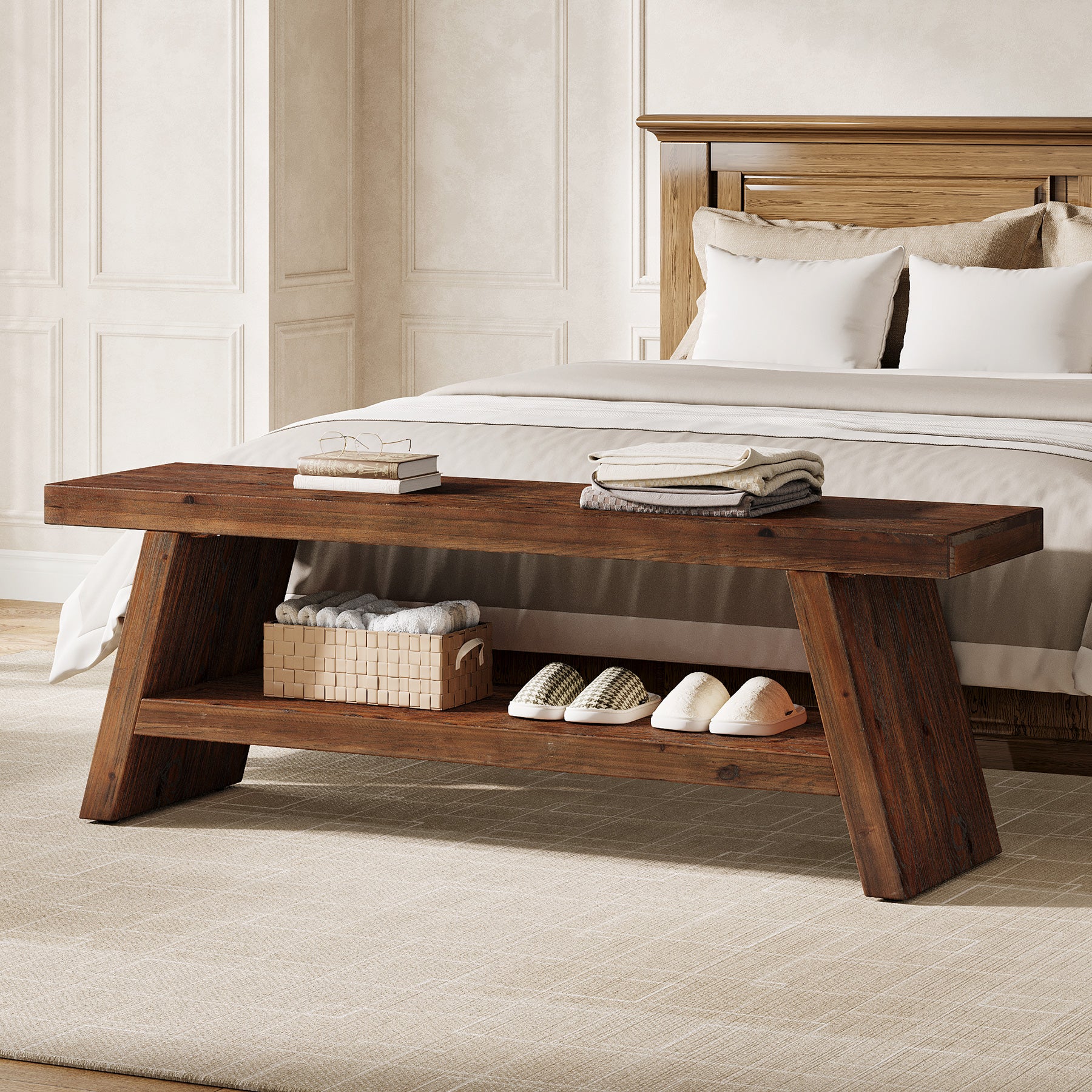 Tribesigns 47-Inch 2-Tier Wooden Storage Bench, Open Shelving Hallway Seat with Solid Fir Frame for Living Room