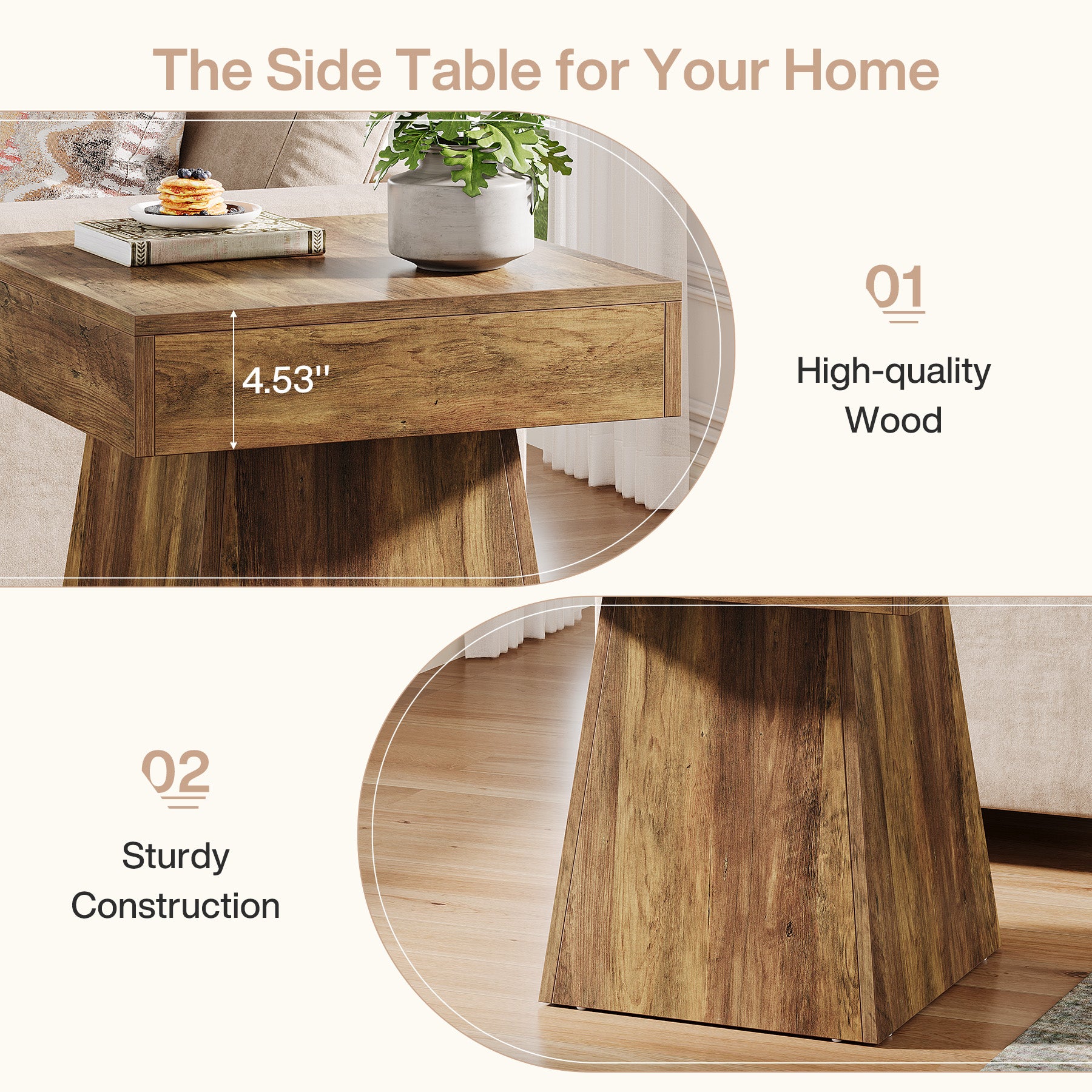 Tribesigns 15.8-Inch Square Side Table, Mushroom-Inspired Wide Stable Base with Rustic Finish