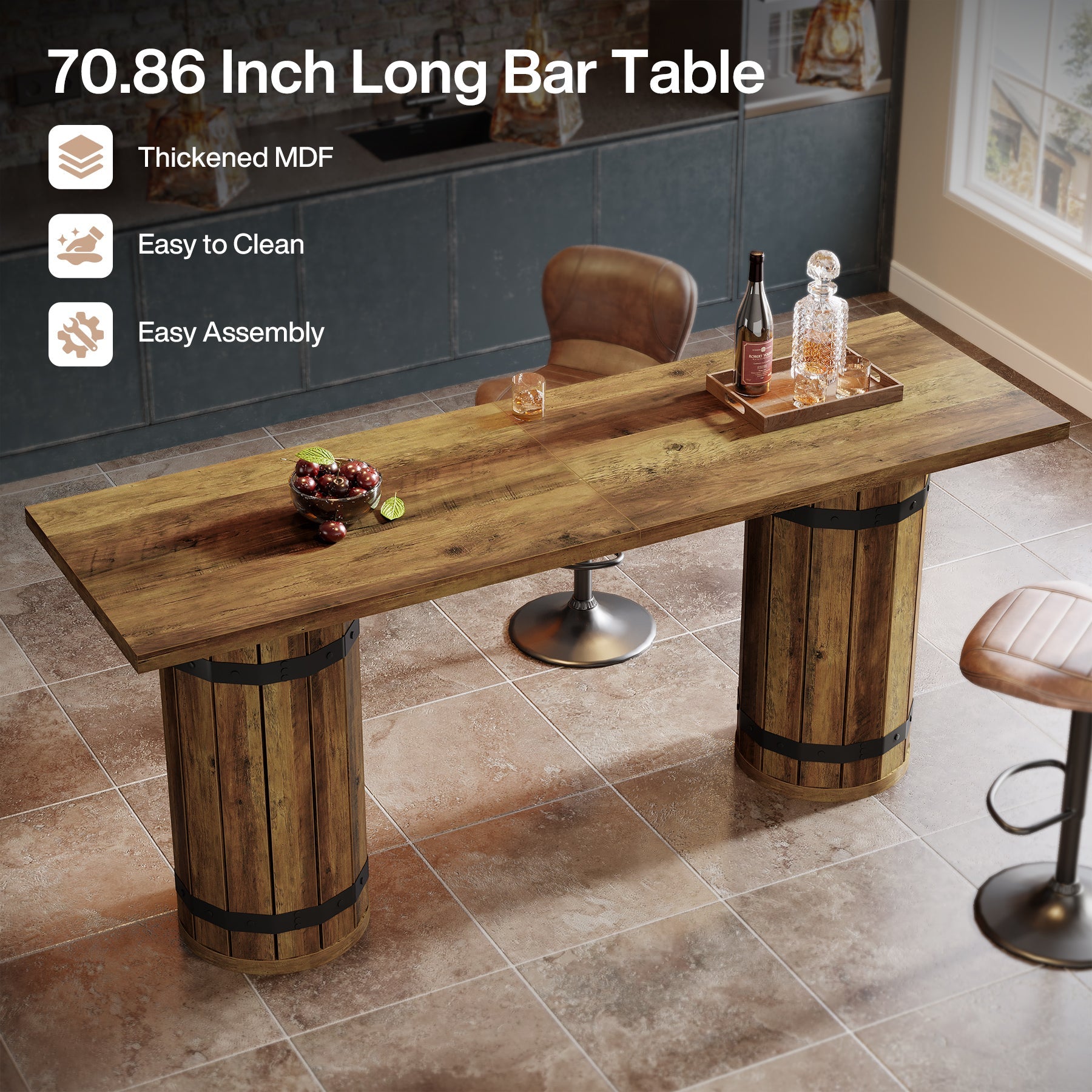 70.9-Inch Long Bar Table with Slatted Base, Rectangular Counter Height Pub Table