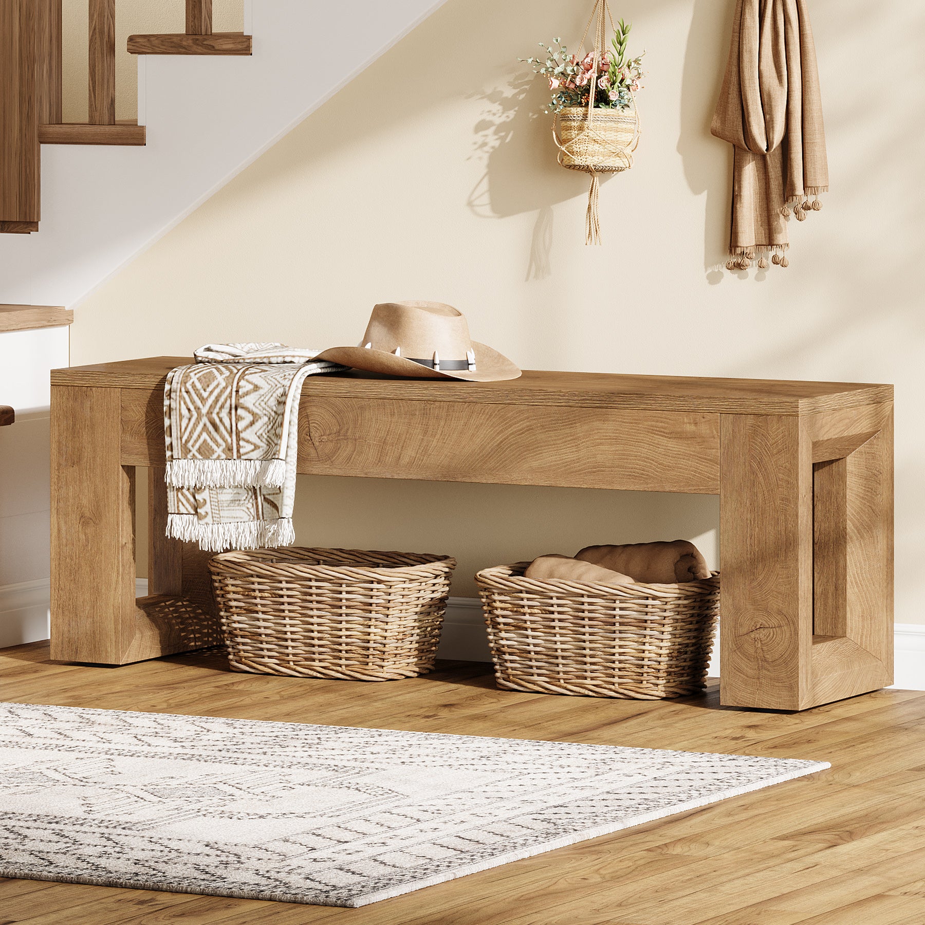 Tribesigns 47-Inch Farmhouse Entryway Bench, Long Wood Shoe Bench with Reinforced MDF Structure for Hallway