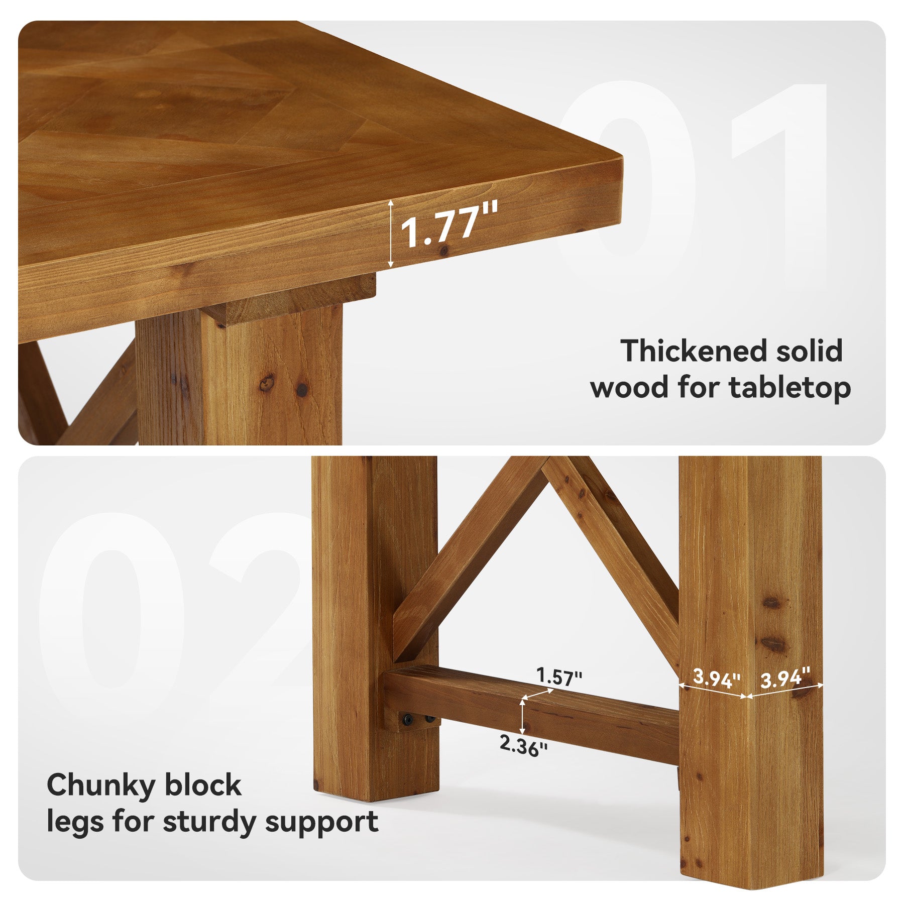 63-Inch Solid Fir Wood Dining Table with Herringbone Top, Farmhouse Table for Dining Room