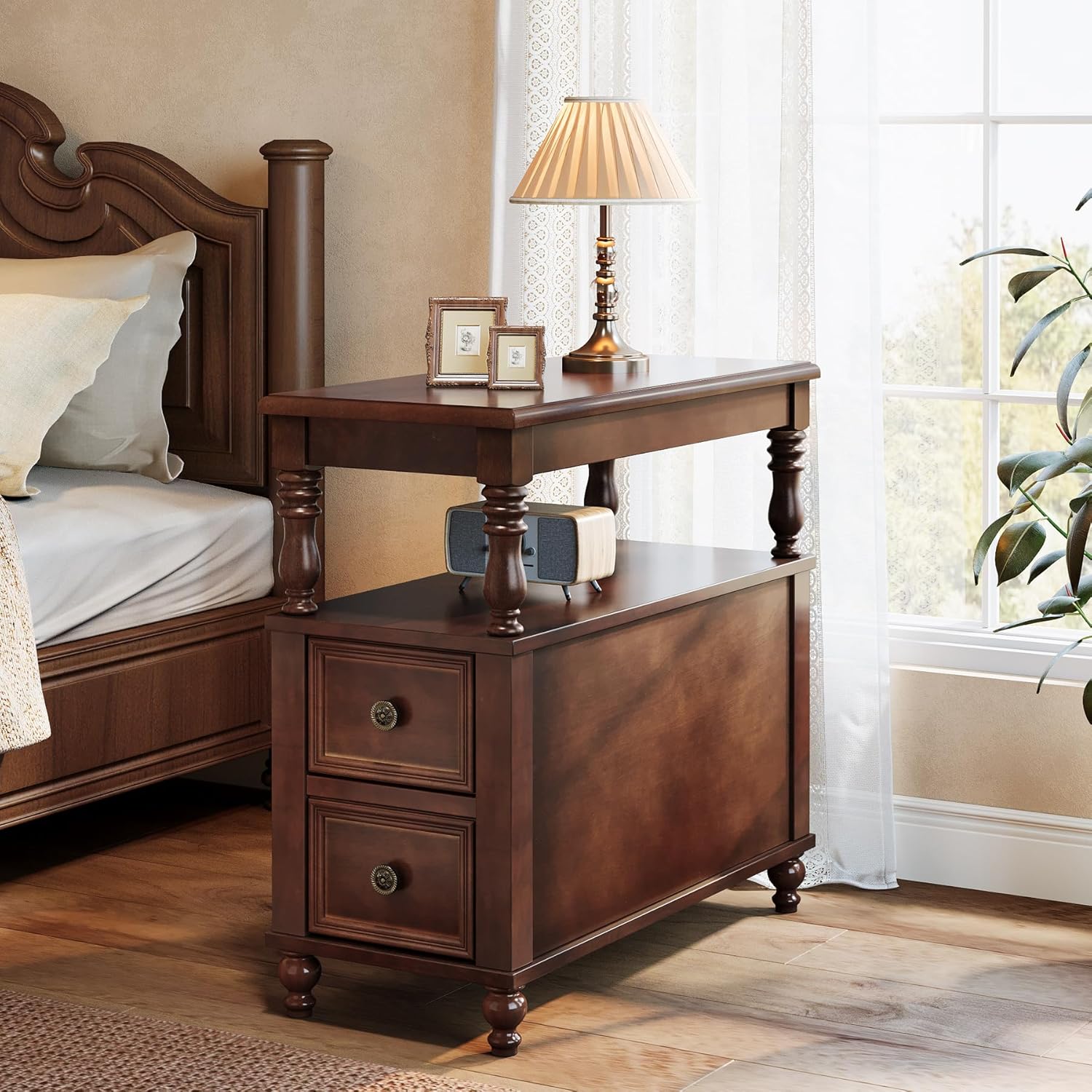 MidCentury 2-Drawer Nightstand - Solid Wood Bedside Table with Open Shelf, Dark Cherry