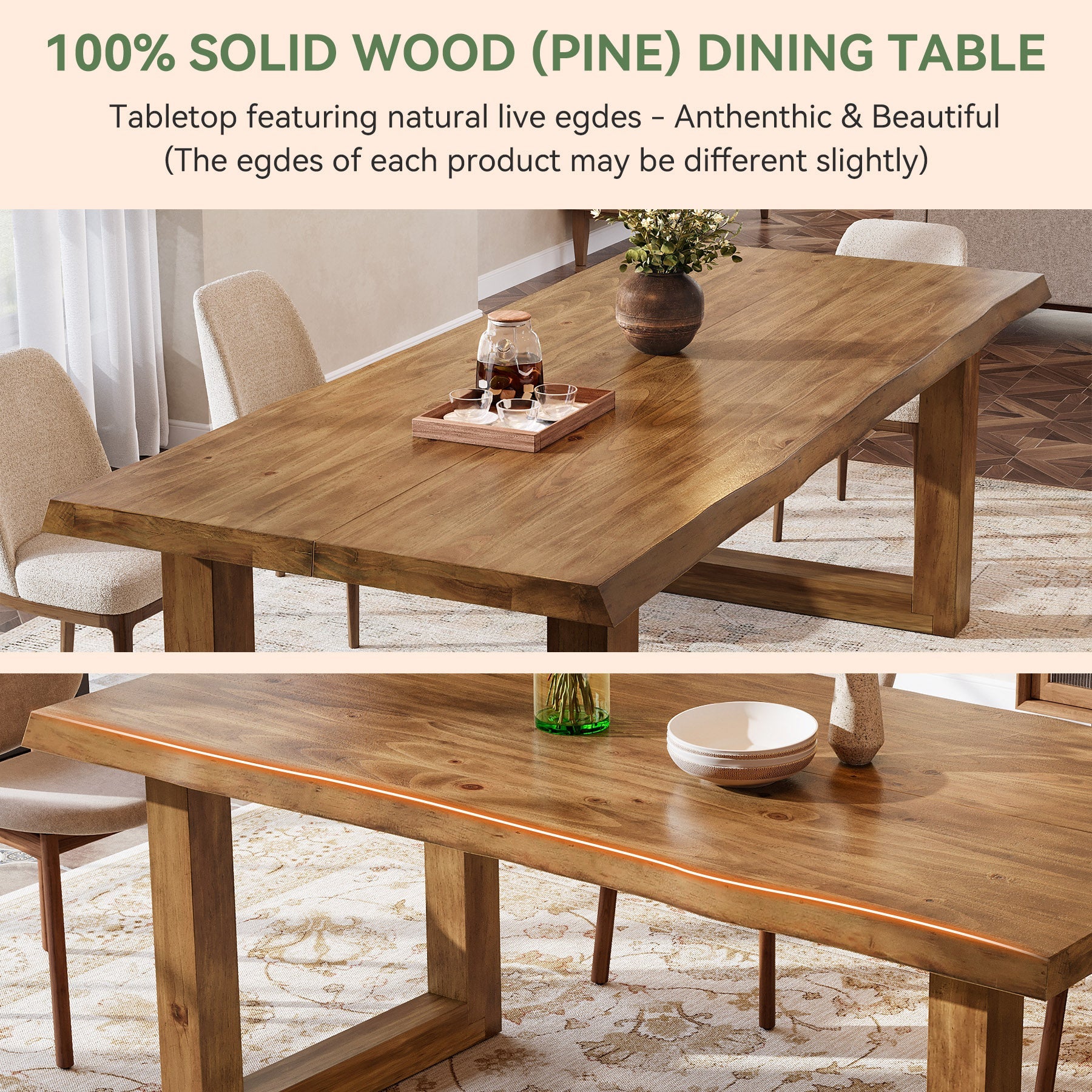 63-Inch Solid Wood Dining Table with Live Edge Top, Farmhouse Kitchen Table for 4 to 6 People