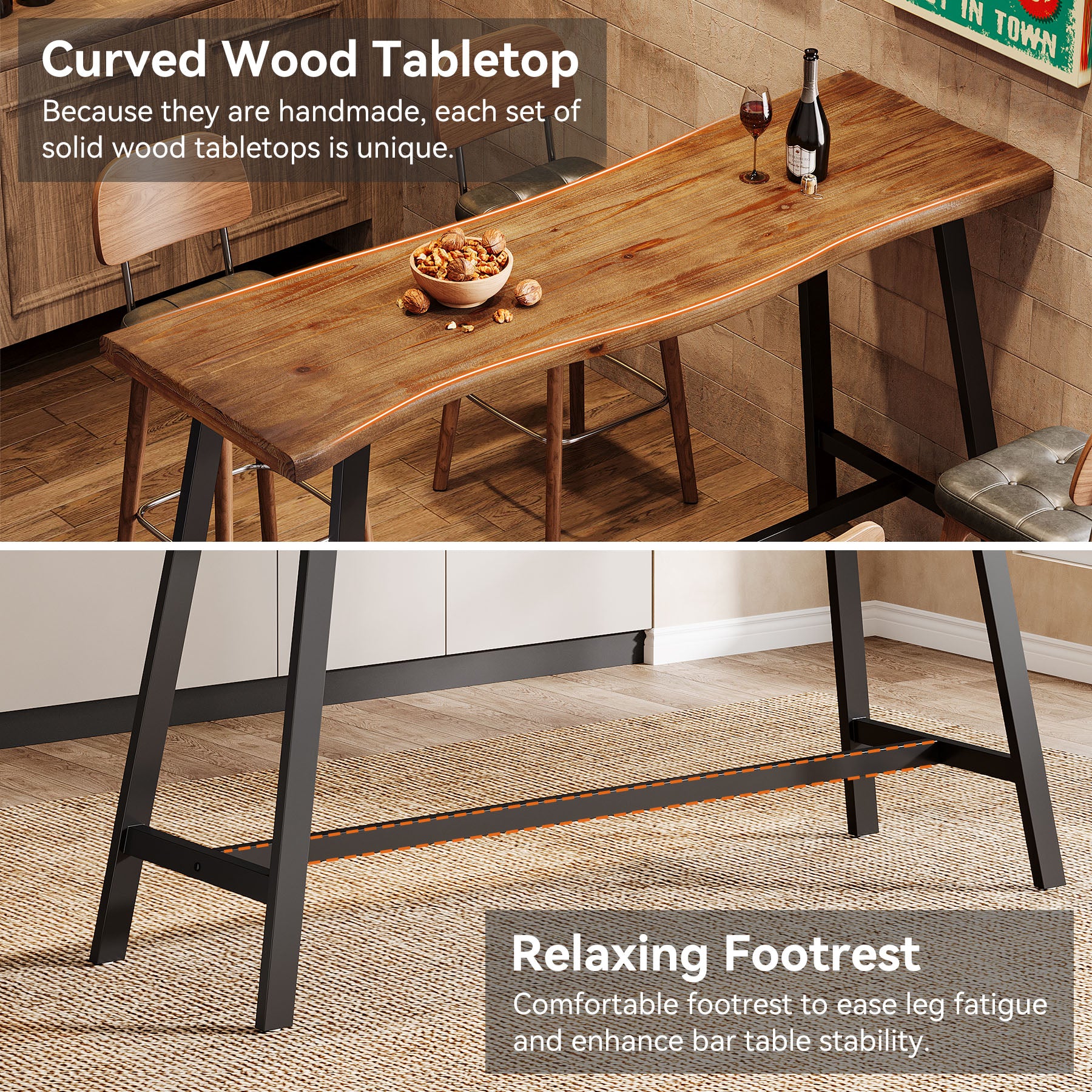 55 Inch Solid Wood Bar Table with Metal Frame and Footrest, Industrial Counter Height Pub Table for Kitchen