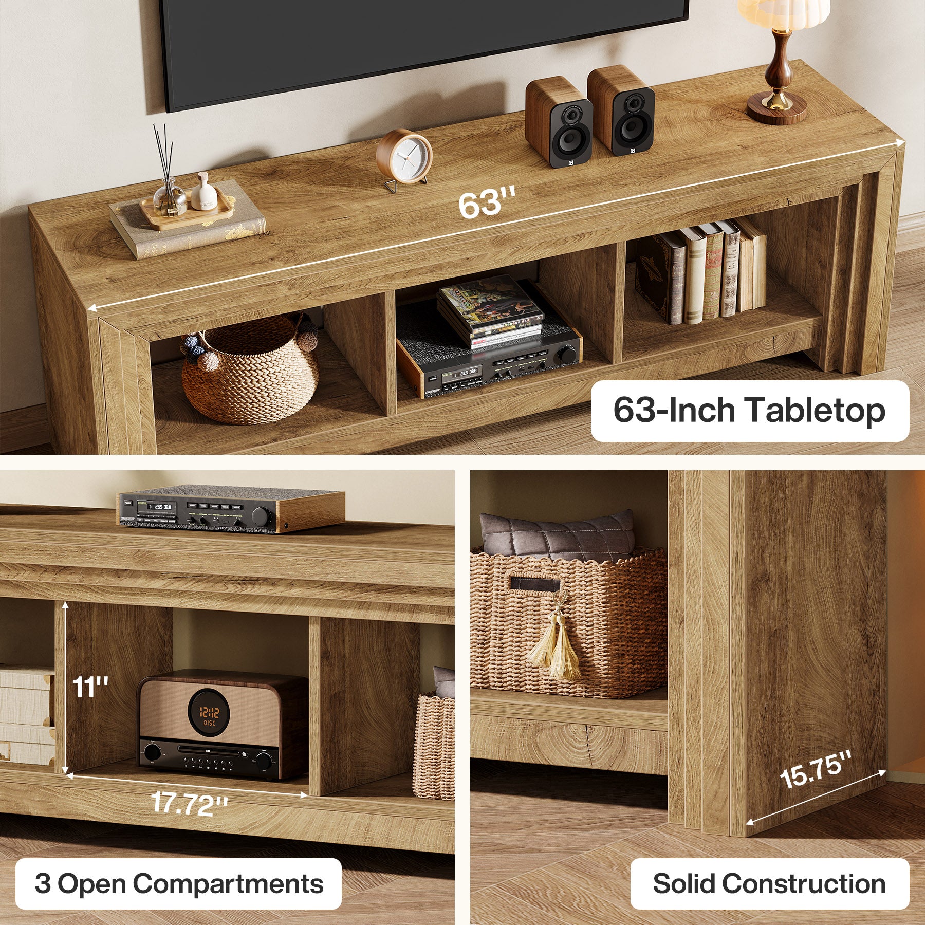Tribesigns 63-Inch Farmhouse TV Stand, Oak Media Console with Open Storage for Living Room