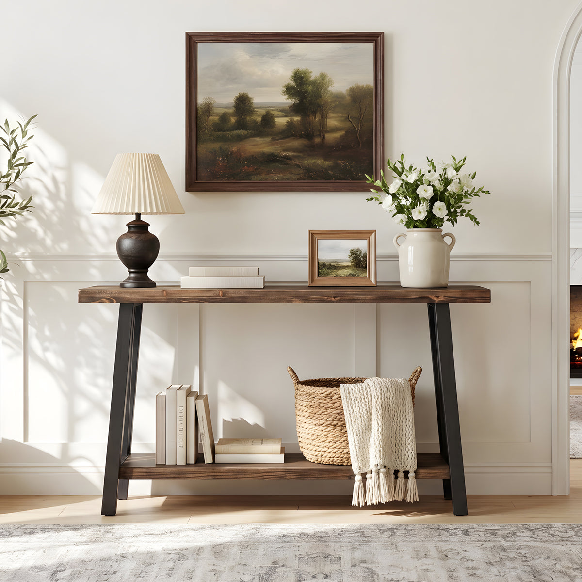 Tribesigns 41.3" Live Edge Solid Wood Console Table with 2-Tier Storage, Industrial Sofa Table for Hallway