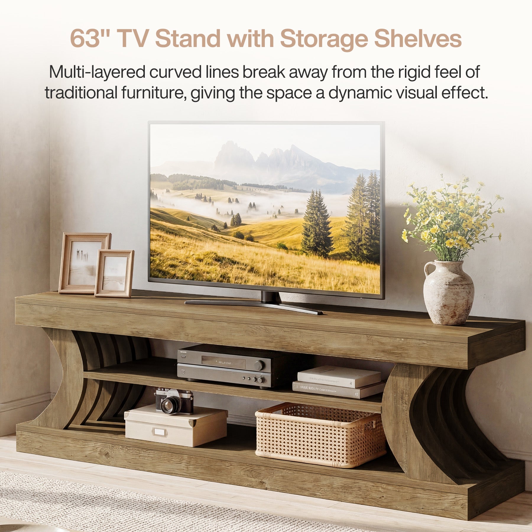 Tribesigns 63-Inch Farmhouse TV Stand with 3-Tier Storage, Curved Media Console for Living Room
