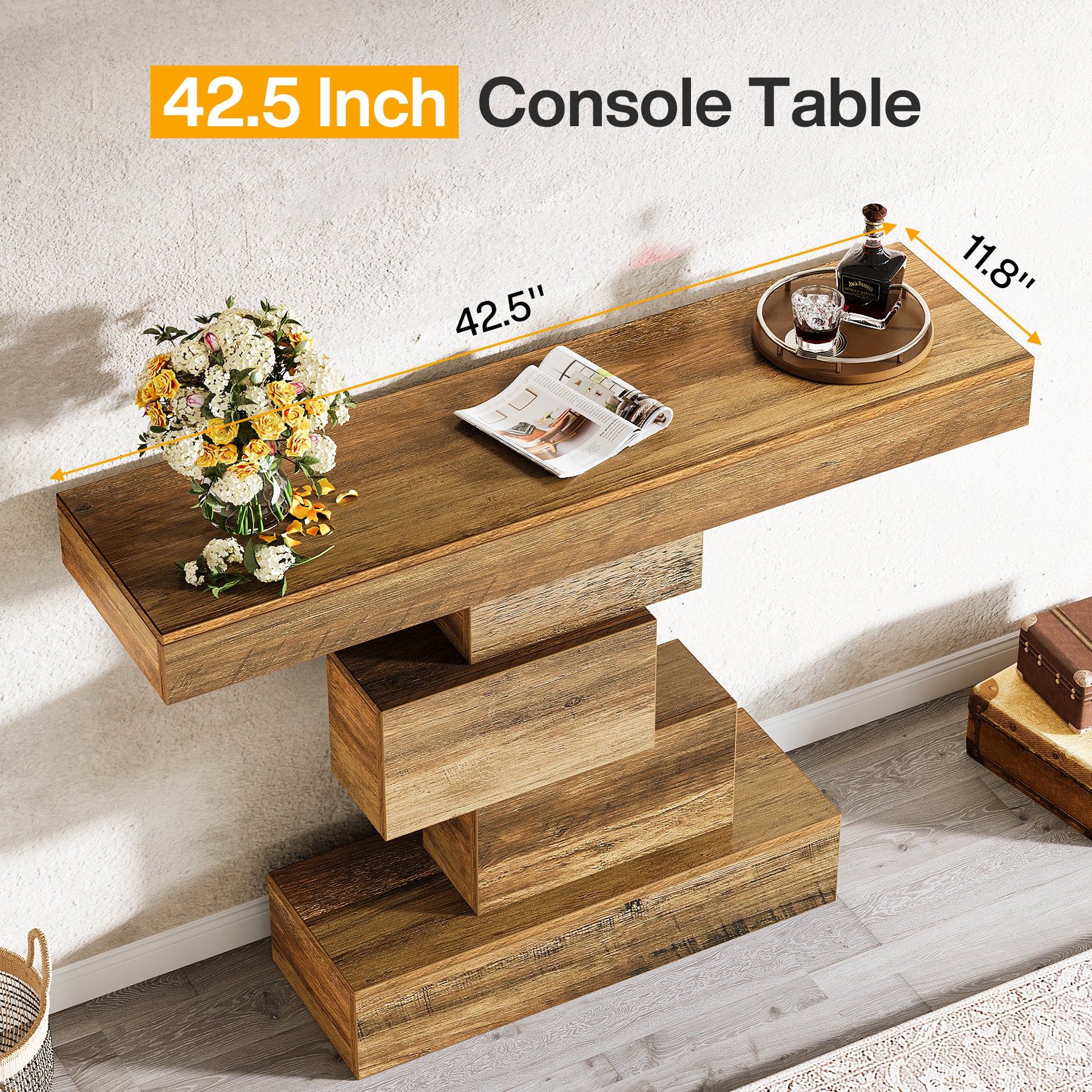 42" Console Table, Wood Sofa Table Accent Table with Geometric Base