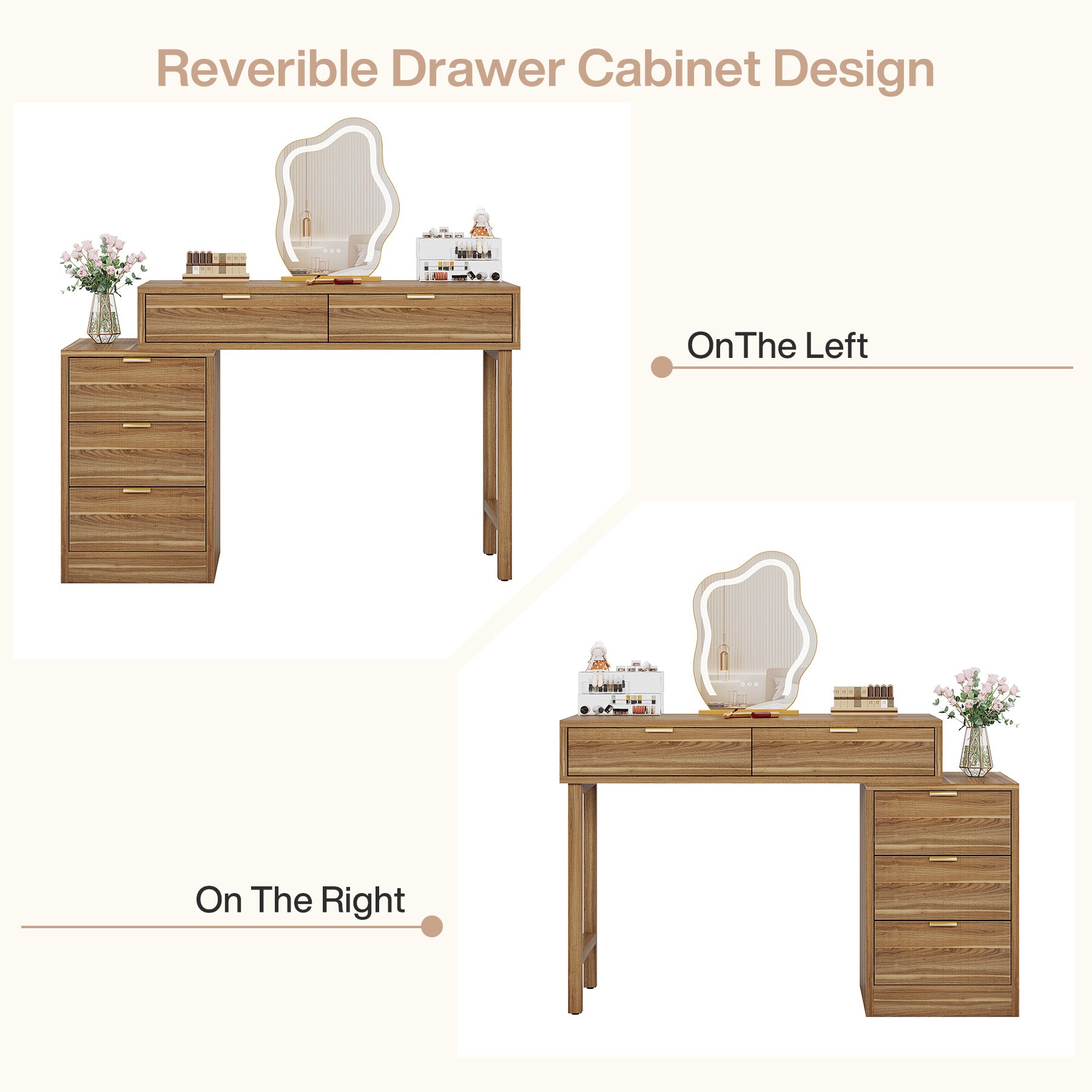 Makeup Vanity Desk with 5 Drawers, Reversible Dressing Table for Bedroom and Narrow Spaces (without mirror)