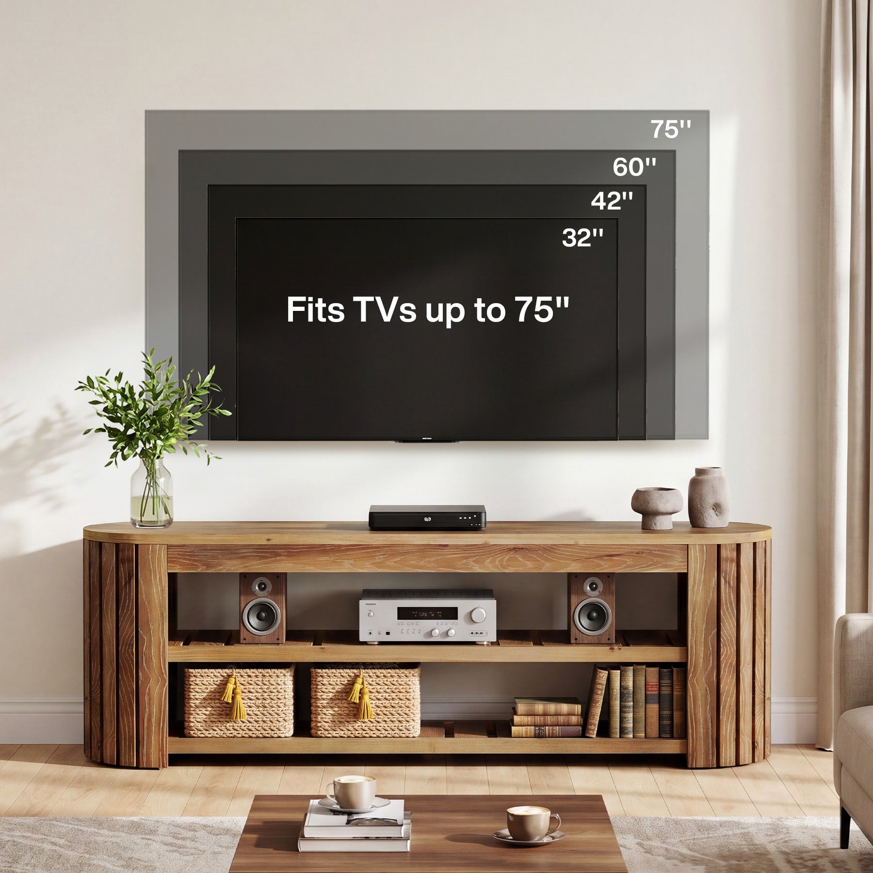63 Inch Solid Fir Wood TV Stand with Rounded Top, Farmhouse Media Console with Shelves