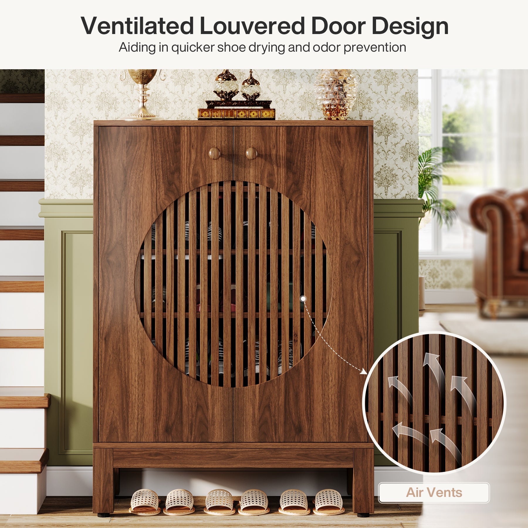 Tribesigns 5-Tier Shoe Cabinet, 20-Pair Farmhouse Shoe Storage Organizer with Round Louvered Doors for Entryway