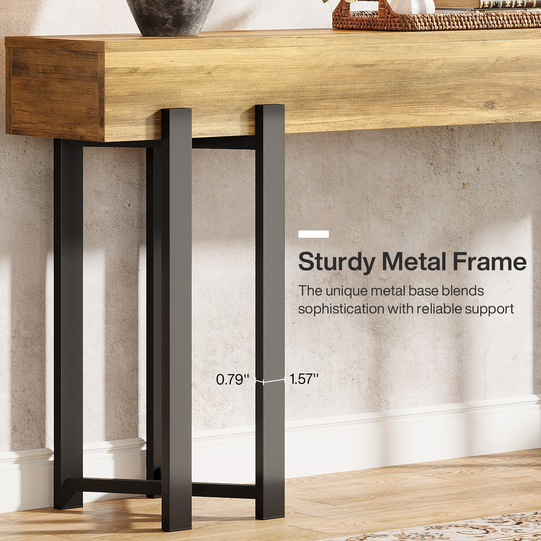 63" Industrial Console Table with Metal Frame, Wooden Sofa Table for Entryway and Living Room