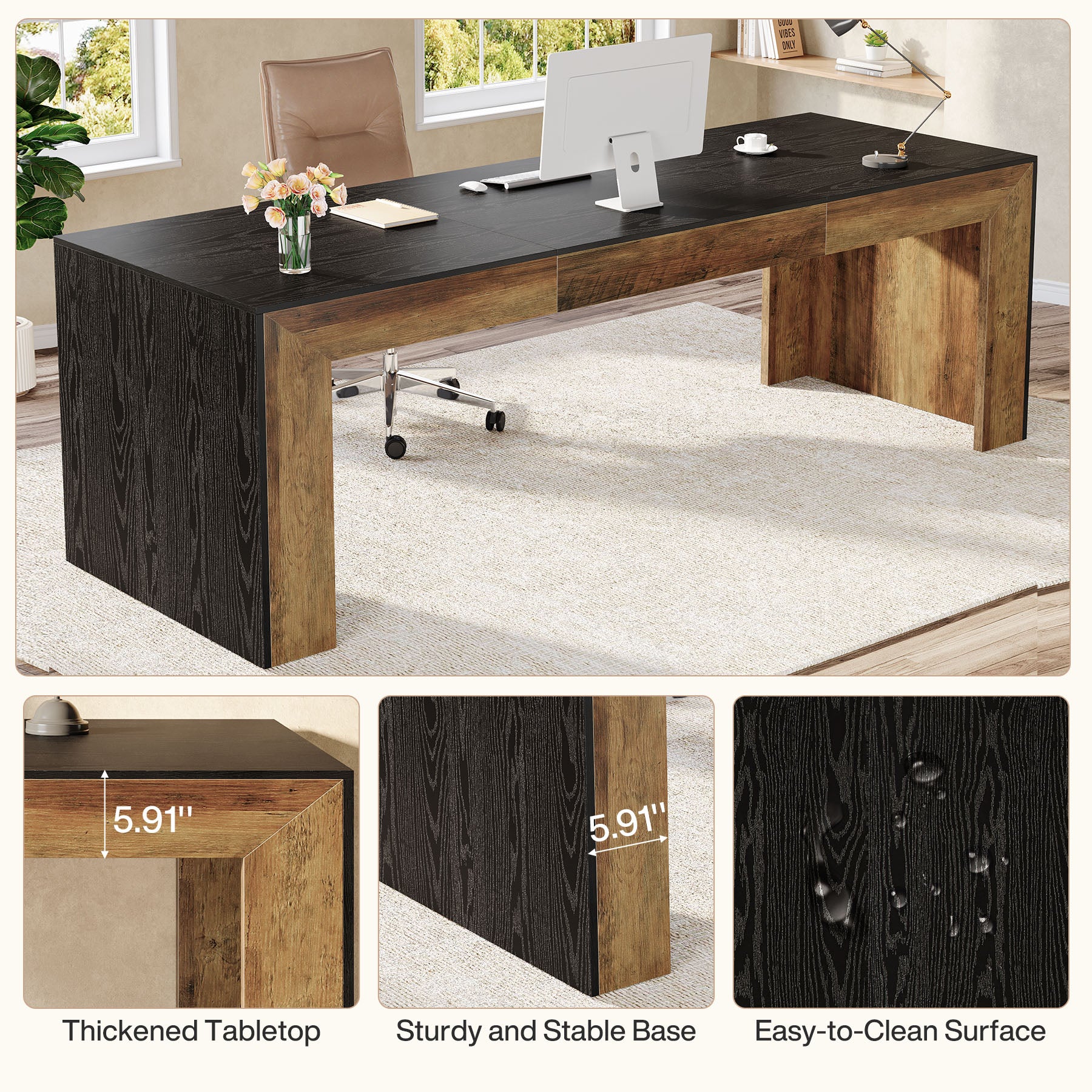 78.7-Inch Two-Person Computer Desk with Reinforced Double-Rectangle Legs, Farmhouse Executive Desk for Home Office