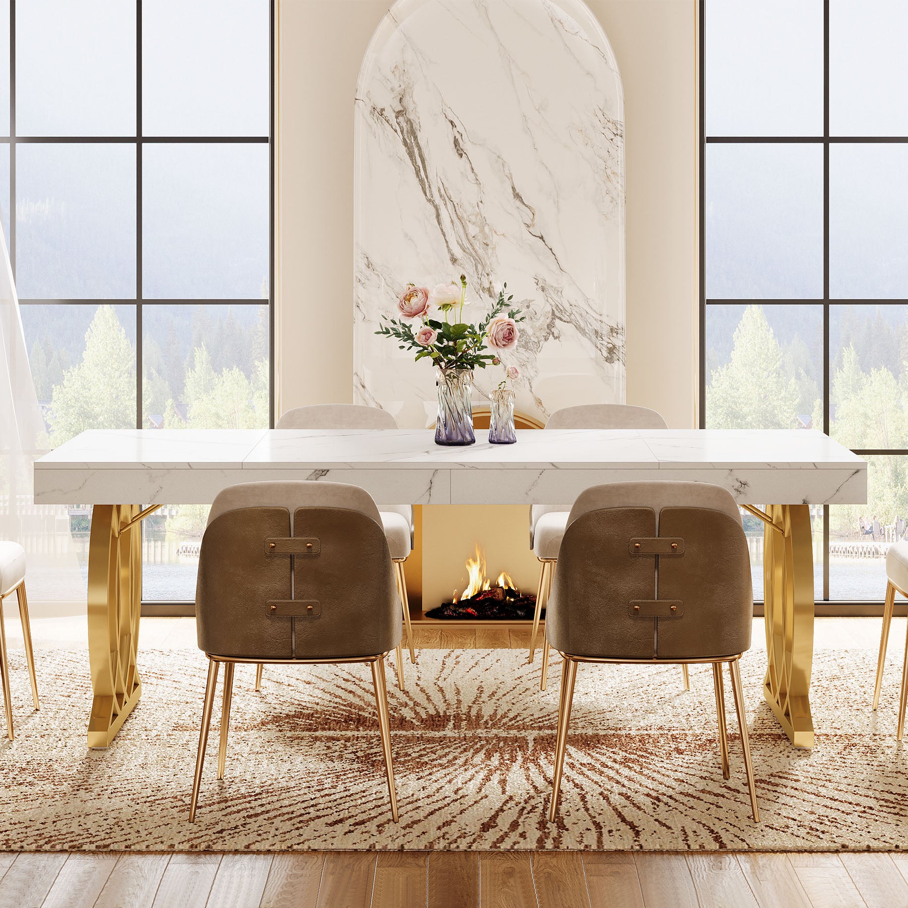 Tribesigns 63-Inch Modern Dining Table for 4-6 People, Faux Marble Kitchen Table with Gold Legs