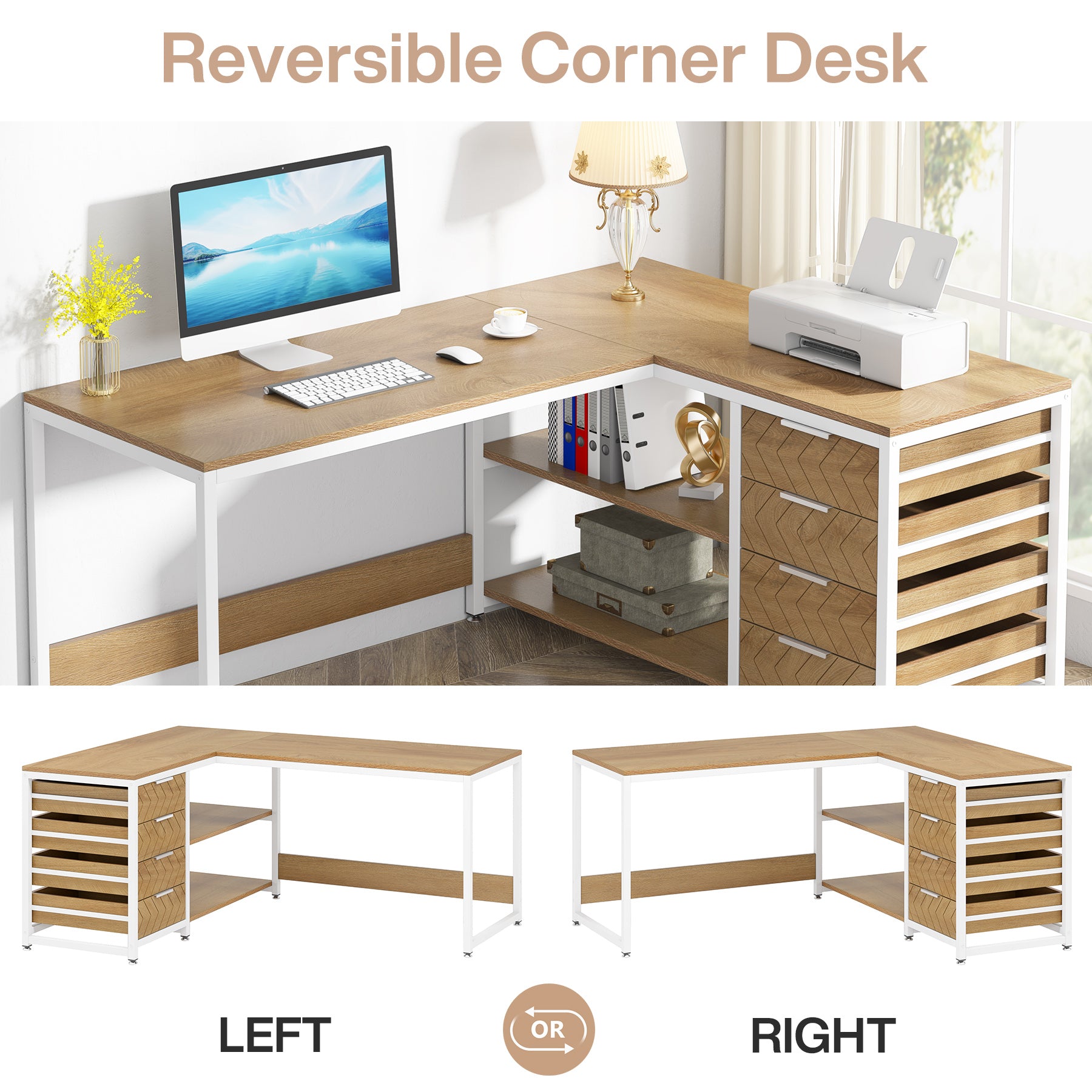 59" L-Shaped Desk, Reversible Corner Computer Desk with Drawers and Shelves