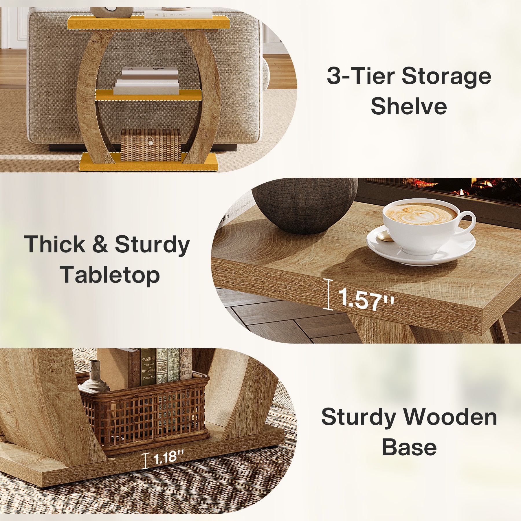 24 Inch Narrow End Table with Storage, 3 Tier Farmhouse Side Table