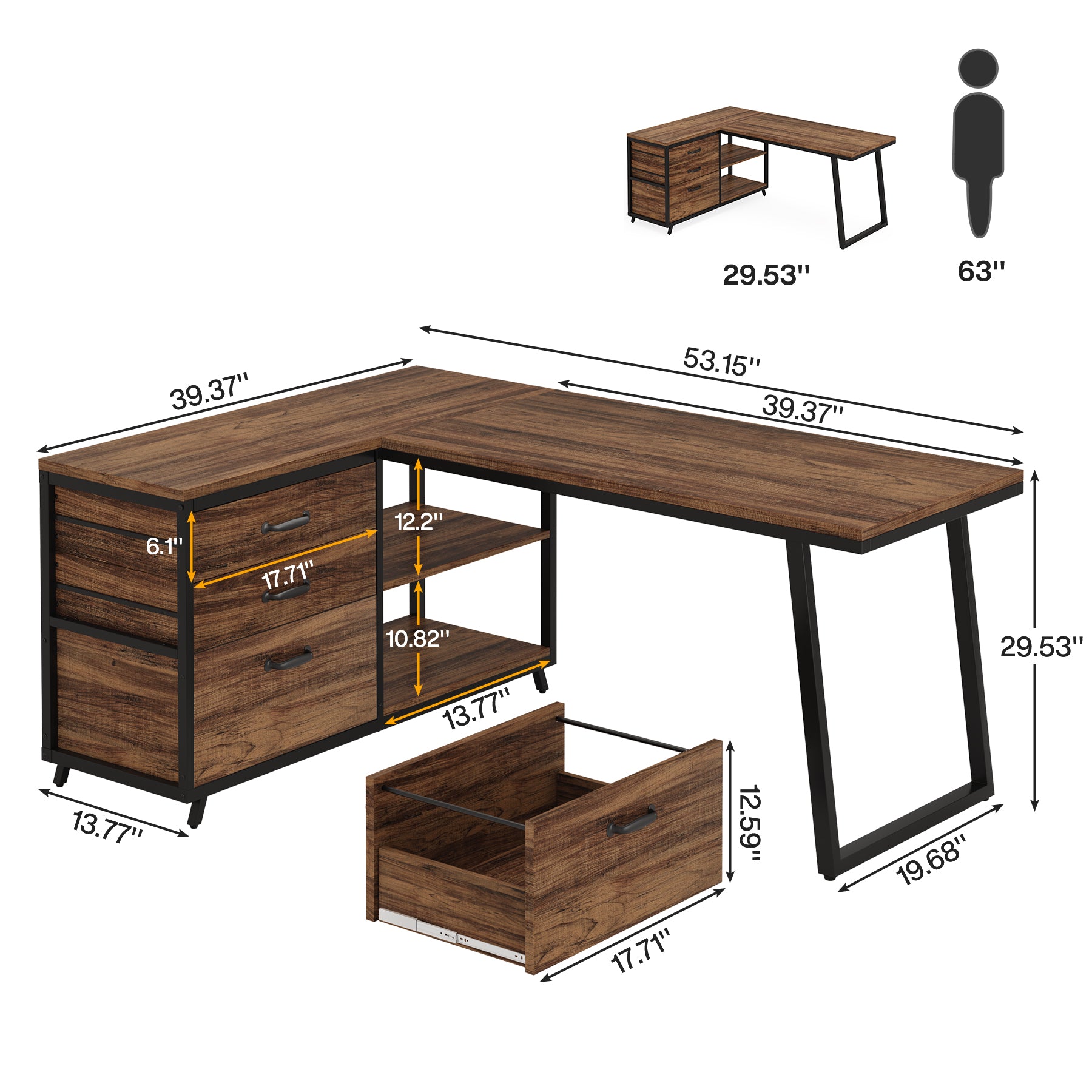 Reversible L-Shaped Computer Desk with 3 Drawers and Shelves, 53-Inch Rustic Brown Corner Desk for Small Spaces