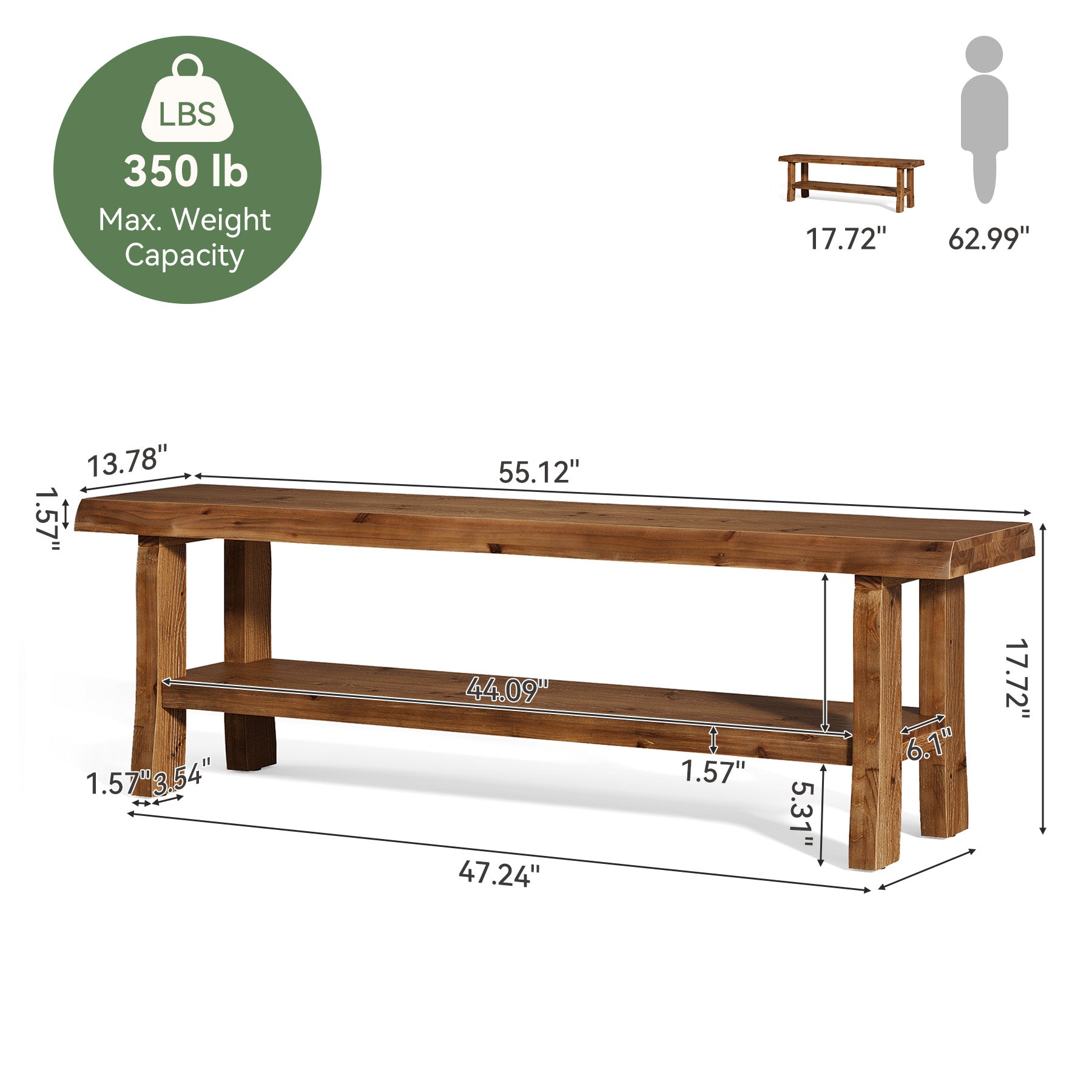 Tribesigns 55-Inch Solid Wood Shoe Storage Bench, Entryway Bench with Lower Shelf for Hallway