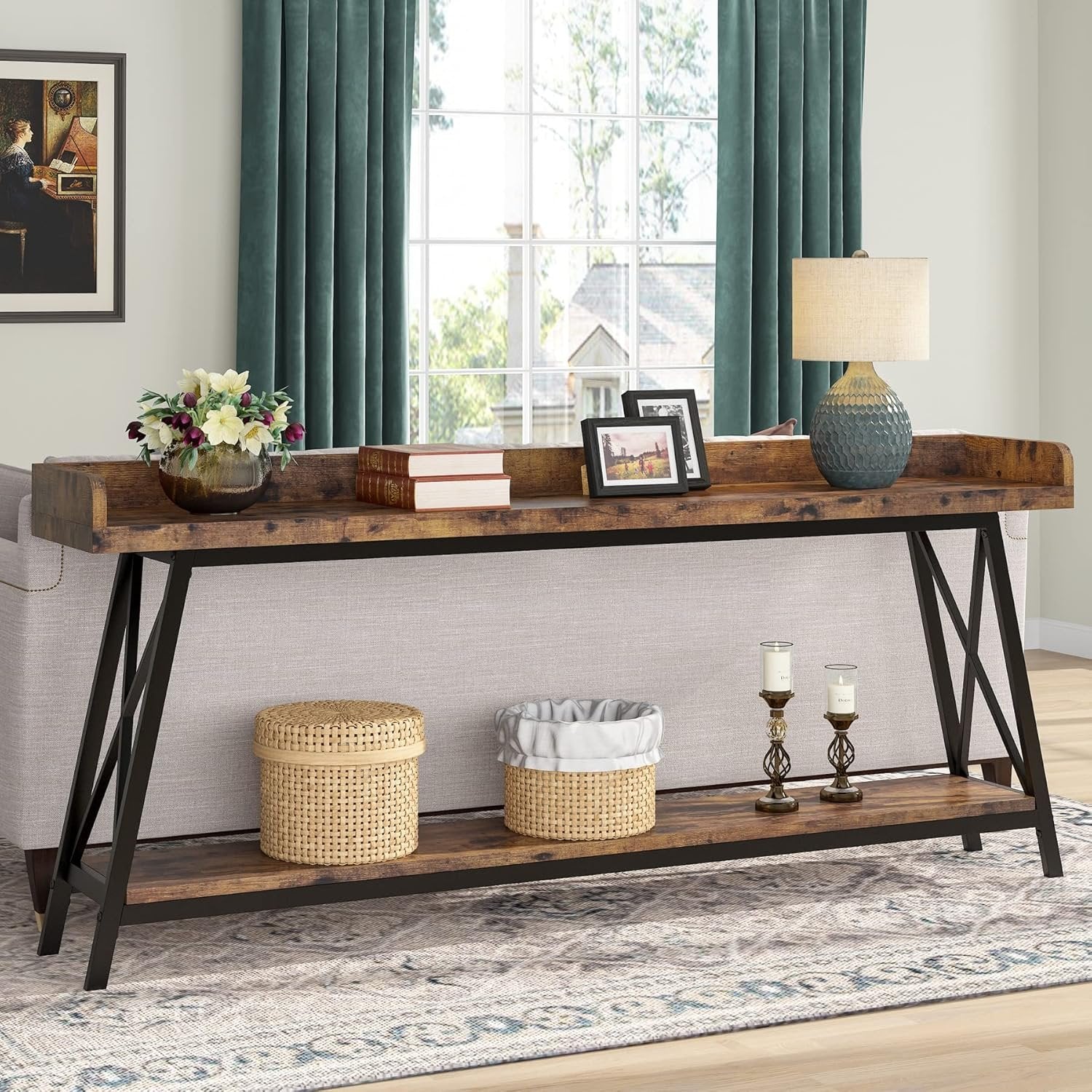 70.9-Inch Extra Long Sofa Table, Rustic Industrial Narrow Console for Entryway and Living Room