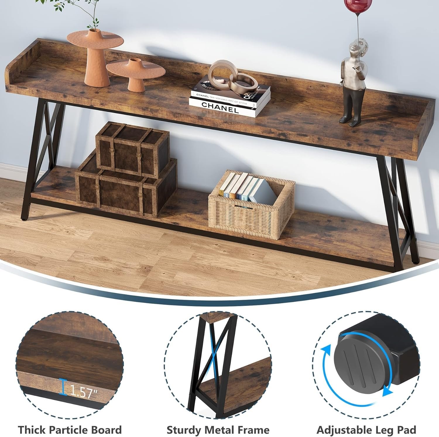 70.9-Inch Extra Long Sofa Table, Rustic Industrial Narrow Console for Entryway and Living Room