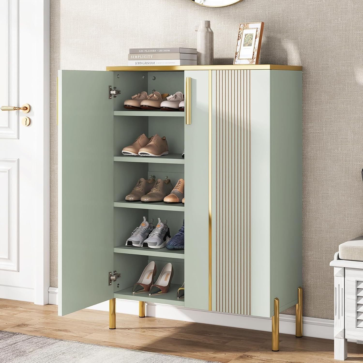 39.37-Inch Shoe Cabinet with Doors, 6-Tier Wooden Storage Organizer with Adjustable Shelves