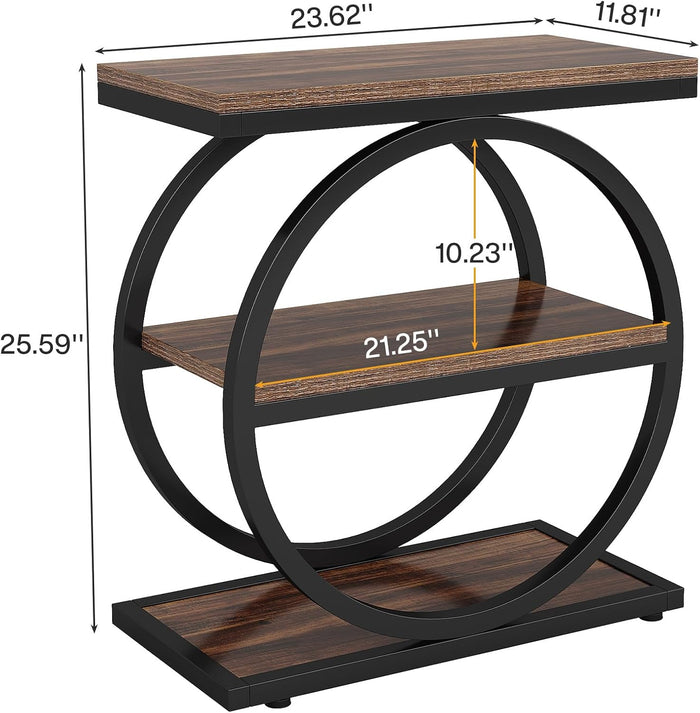 3-Tier End Table, Industrial Sofa Side Table with Round Metal Frame