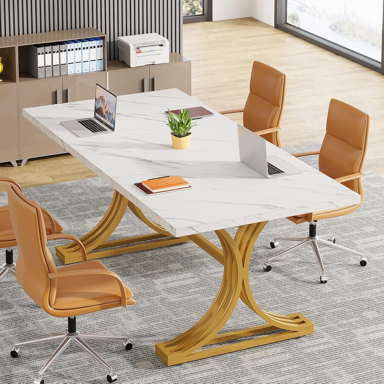 Modern 63" Faux Marble Conference Table, Elegant White and Gold Design for Home Office Meetings Seating Six.