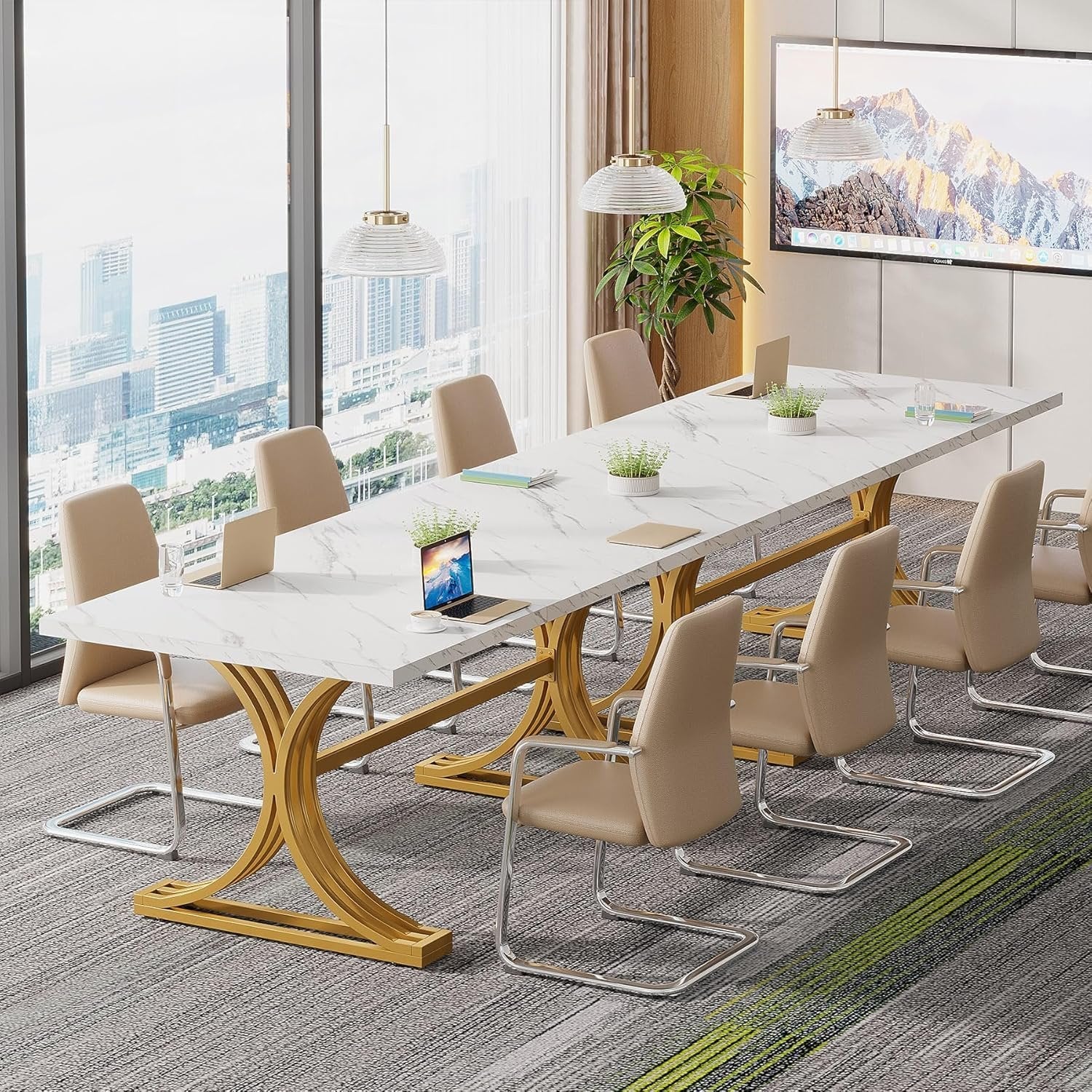 Modern 63" Faux Marble Conference Table, Elegant White and Gold Design for Home Office Meetings Seating Six.