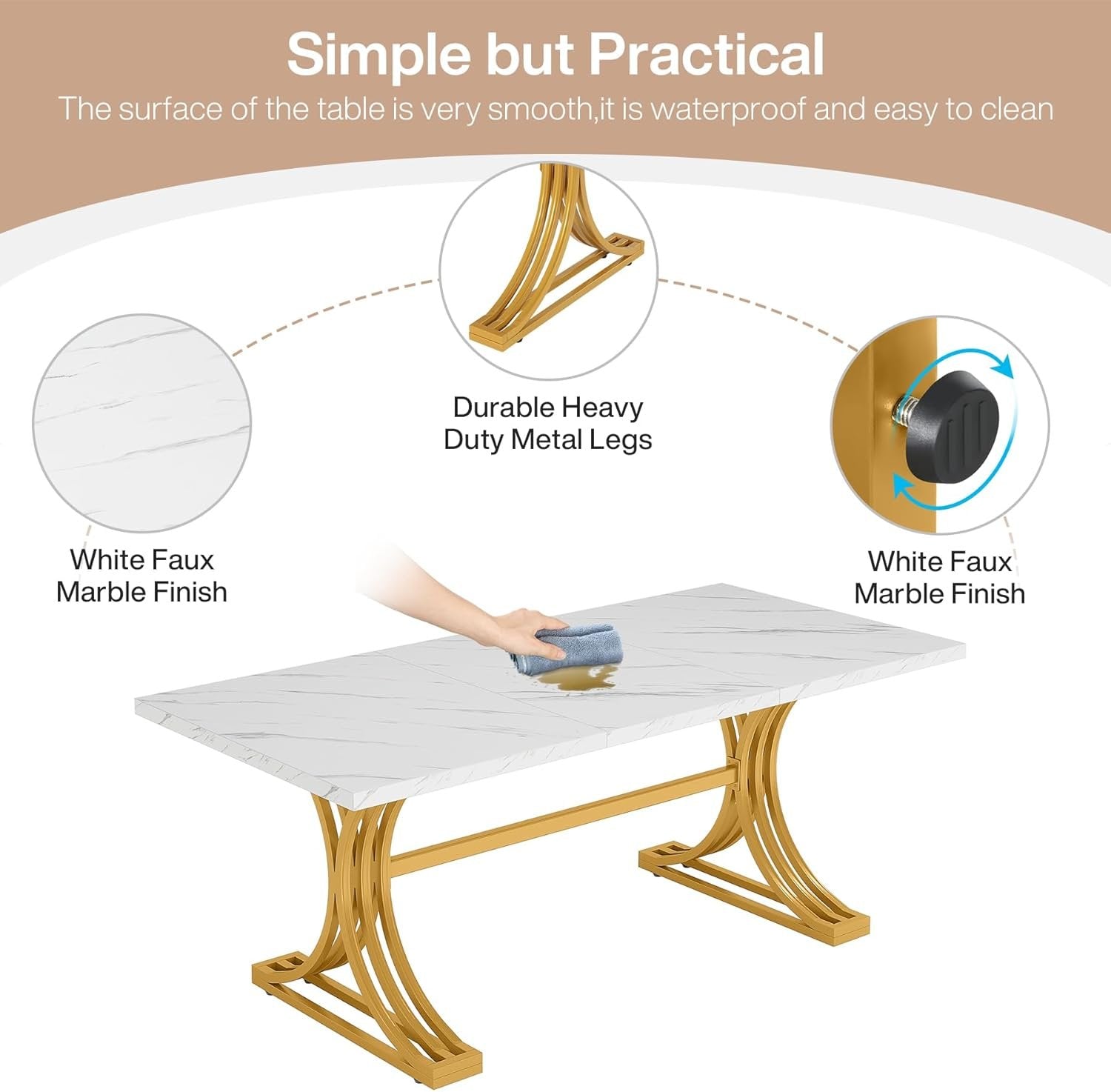 Modern 63" Faux Marble Conference Table, Elegant White and Gold Design for Home Office Meetings Seating Six.