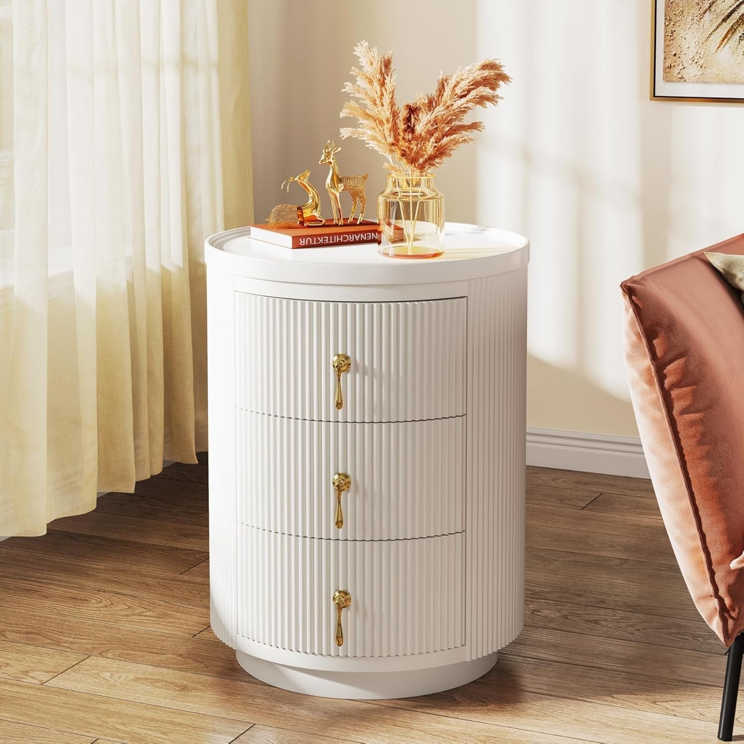 16" Modern 3-Drawer Bedside Table, Quick Assembly Round Nightstand for Small Spaces in White
