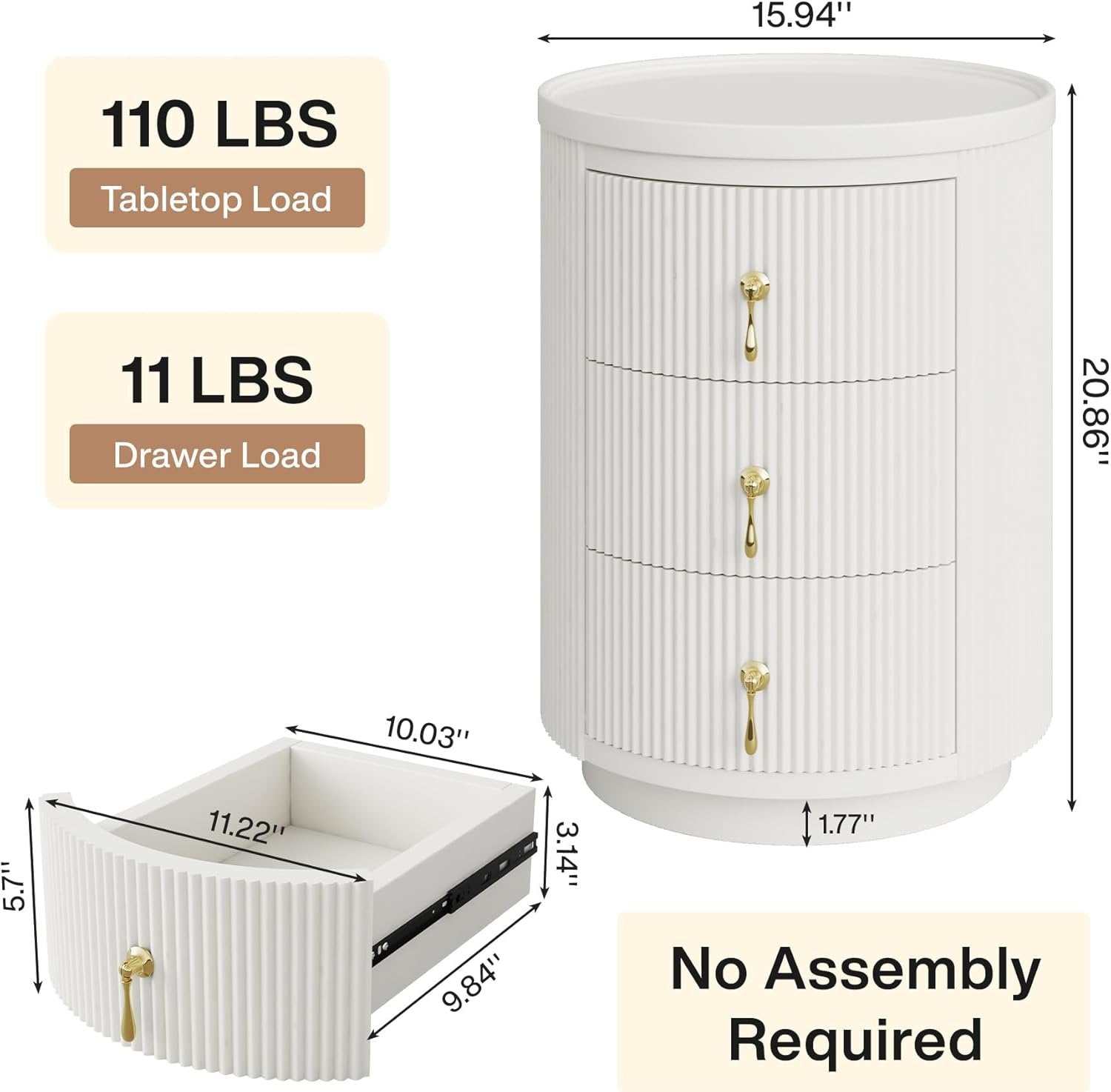16" Modern 3-Drawer Bedside Table, Quick Assembly Round Nightstand for Small Spaces in White