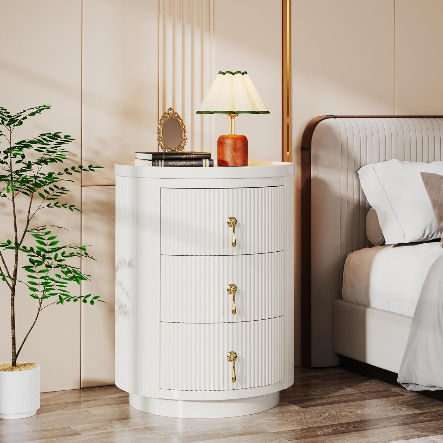 16" Modern 3-Drawer Bedside Table, Quick Assembly Round Nightstand for Small Spaces in White