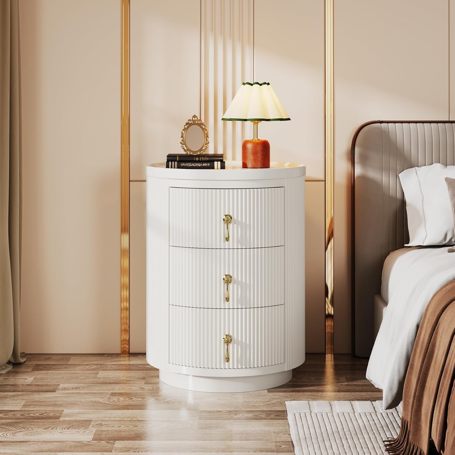 16" Modern 3-Drawer Bedside Table, Quick Assembly Round Nightstand for Small Spaces in White