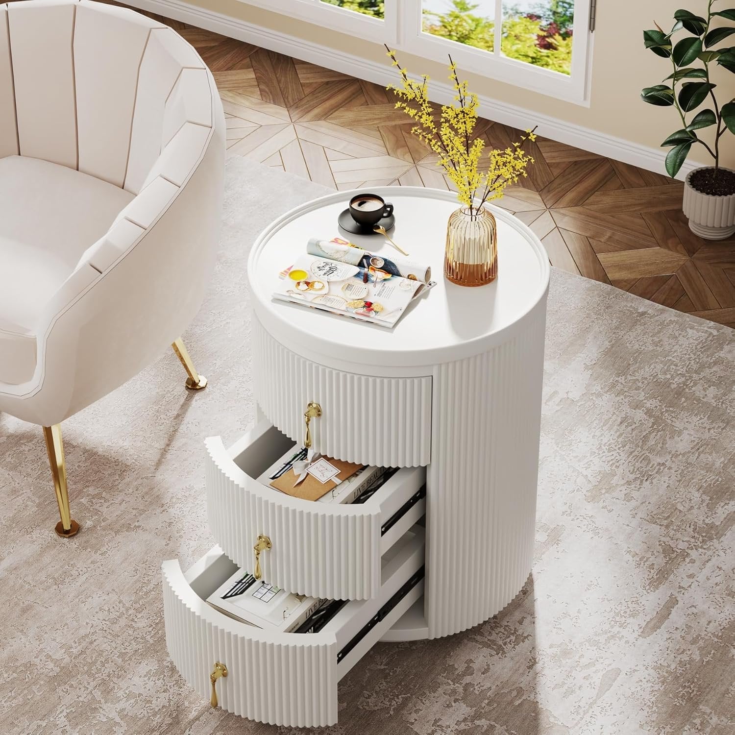 16" Modern 3-Drawer Bedside Table, Quick Assembly Round Nightstand for Small Spaces in White