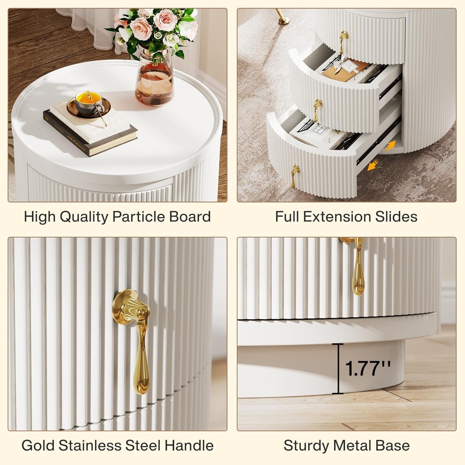 16" Modern 3-Drawer Bedside Table, Quick Assembly Round Nightstand for Small Spaces in White