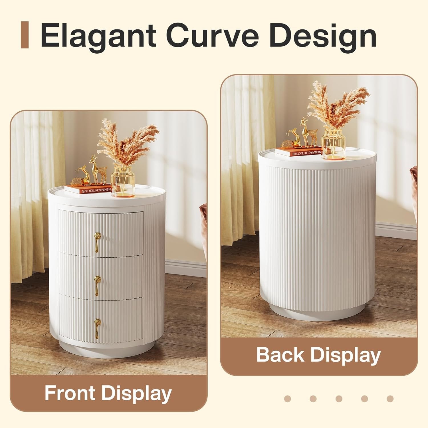 16" Modern 3-Drawer Bedside Table, Quick Assembly Round Nightstand for Small Spaces in White