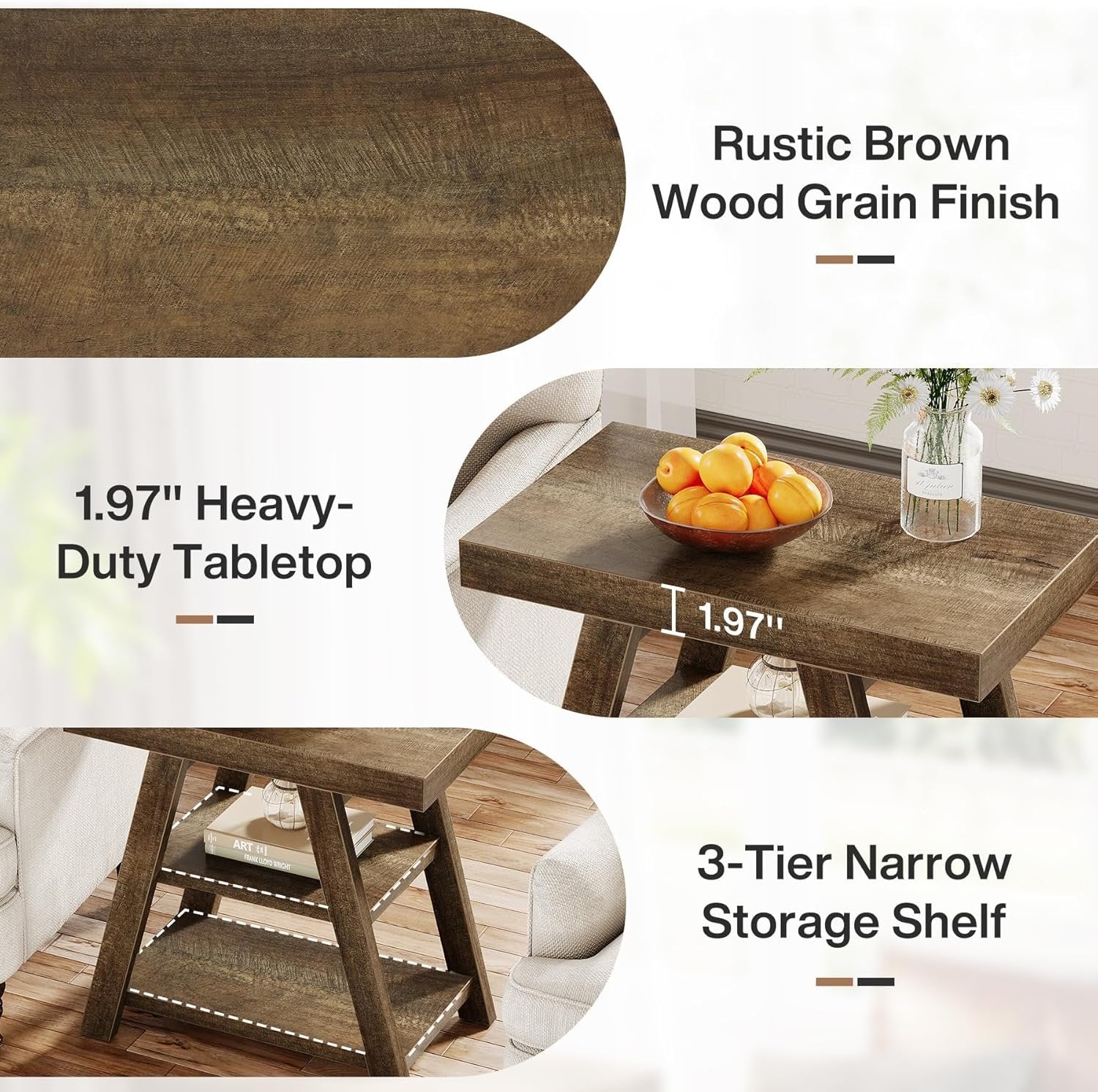 23.62-Inch Farmhouse End Table with 3-Tier Storage Shelves, Narrow Sofa Side Table for Living Room