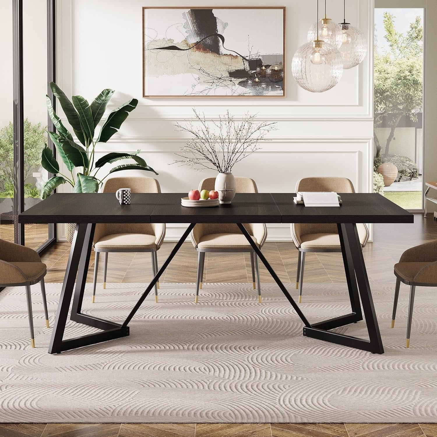 70.86-Inch Modern Dining Table for Family, Elegant Black Rectangular Table with Sturdy Metal Frame