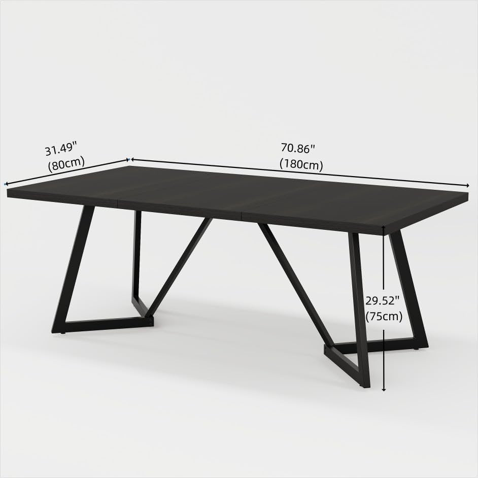 70.86-Inch Modern Dining Table for Family, Elegant Black Rectangular Table with Sturdy Metal Frame