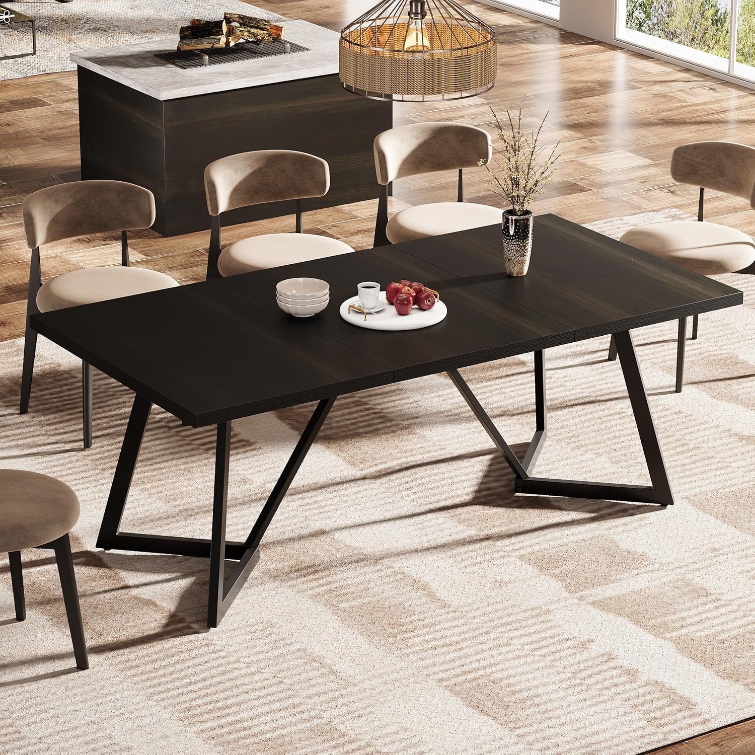 70.86-Inch Modern Dining Table for Family, Elegant Black Rectangular Table with Sturdy Metal Frame