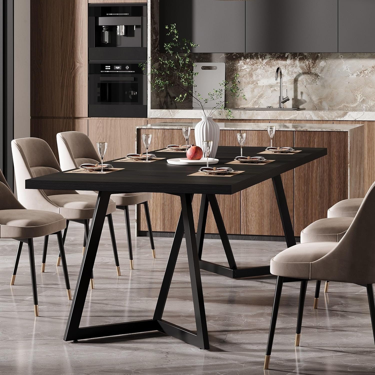 70.86-Inch Modern Dining Table for Family, Elegant Black Rectangular Table with Sturdy Metal Frame