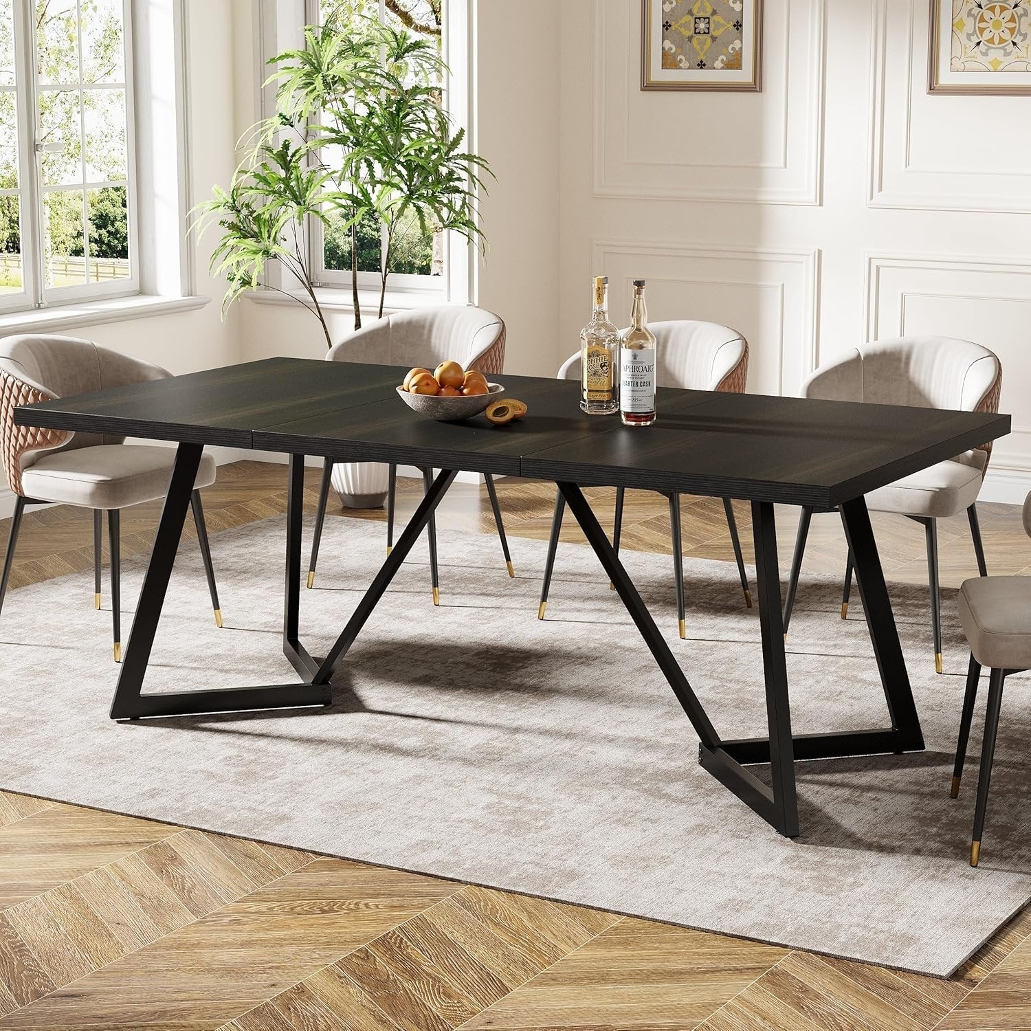 70.86-Inch Modern Dining Table for Family, Elegant Black Rectangular Table with Sturdy Metal Frame