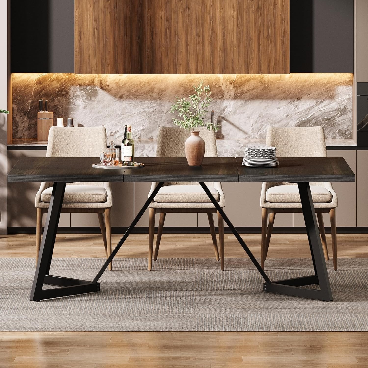 70.86-Inch Modern Dining Table for Family, Elegant Black Rectangular Table with Sturdy Metal Frame