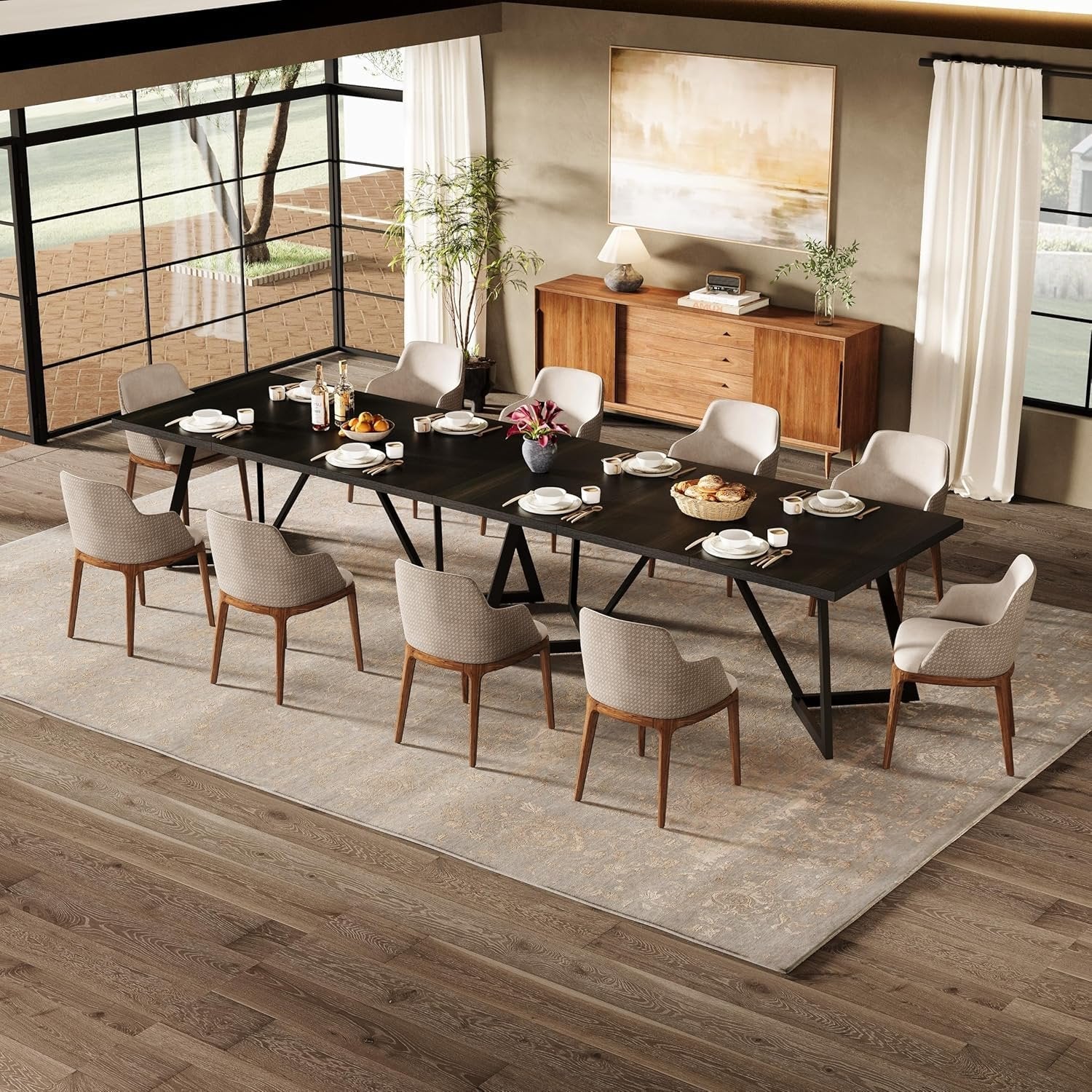 70.86-Inch Modern Dining Table for Family, Elegant Black Rectangular Table with Sturdy Metal Frame