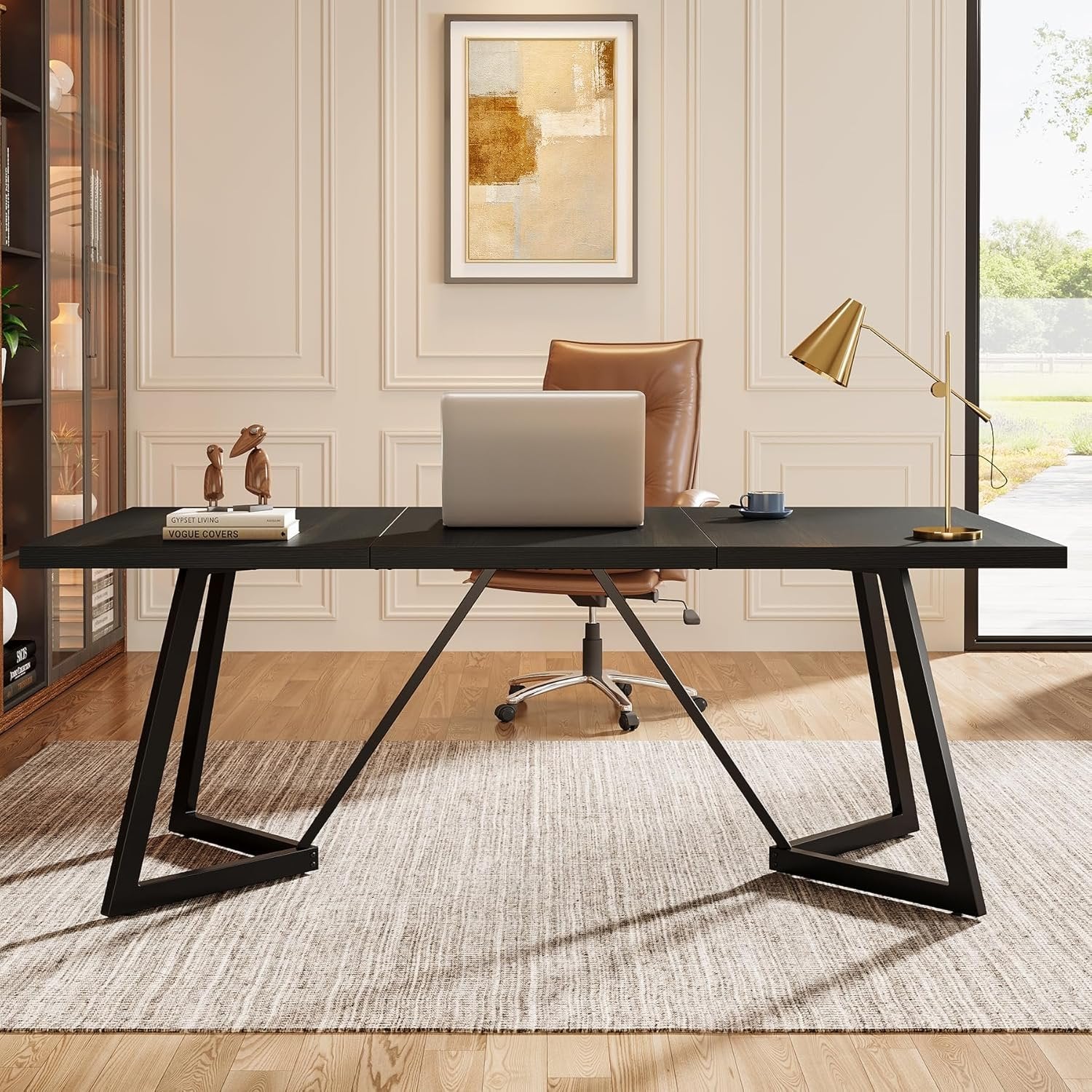 70.86-Inch Modern Executive Desk, Black Office Workstation with Sturdy Metal Frame