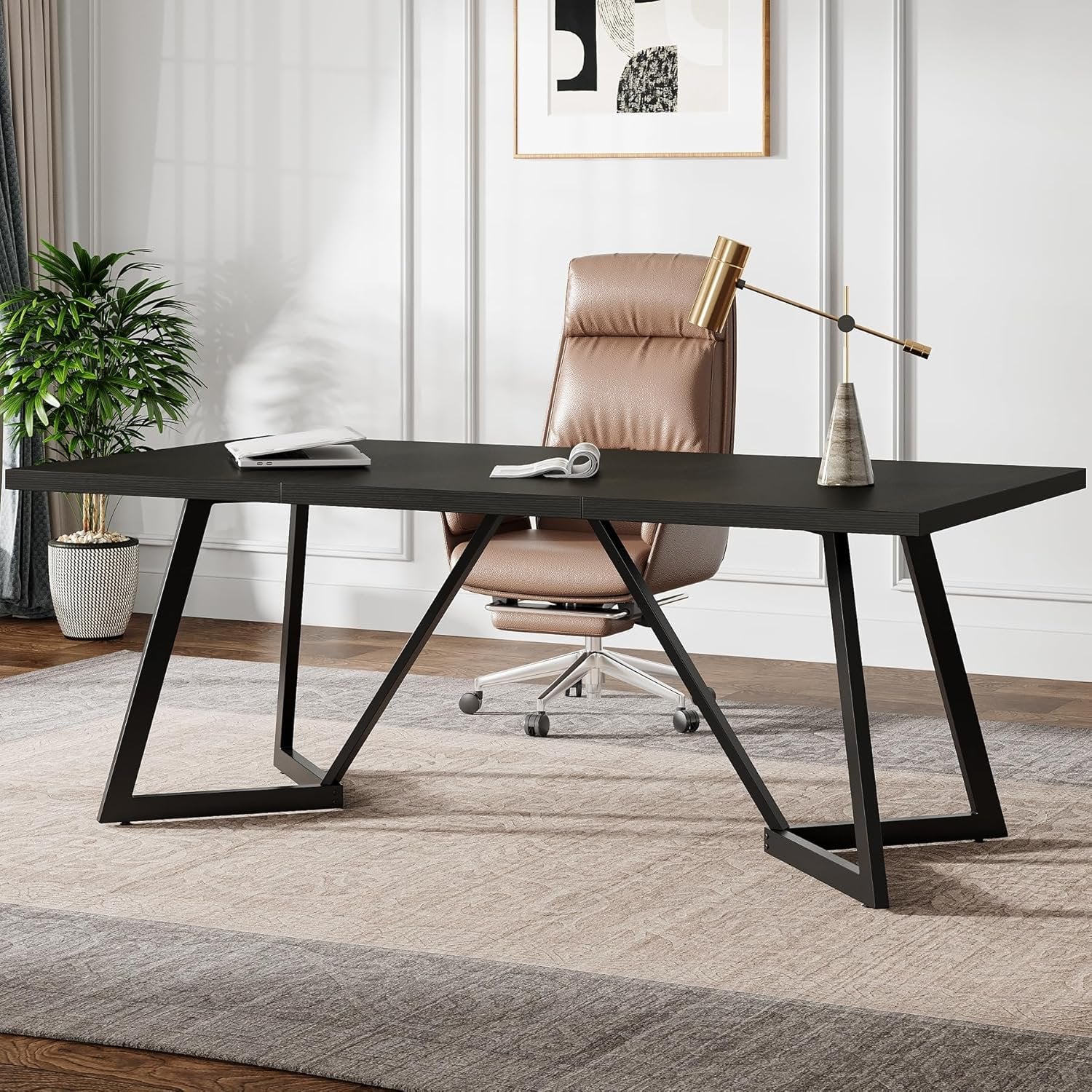 70.86-Inch Modern Executive Desk, Black Office Workstation with Sturdy Metal Frame