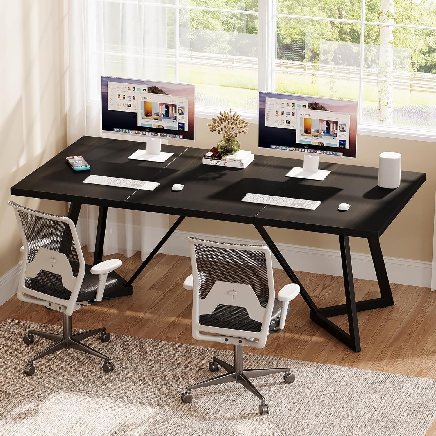 70.86-Inch Modern Executive Desk, Black Office Workstation with Sturdy Metal Frame
