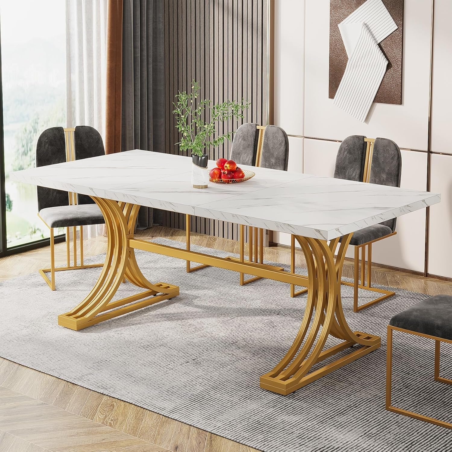 63" Faux Marble Dining Table, Sophisticated White and Gold Design with Metal Legs, Seats Six.