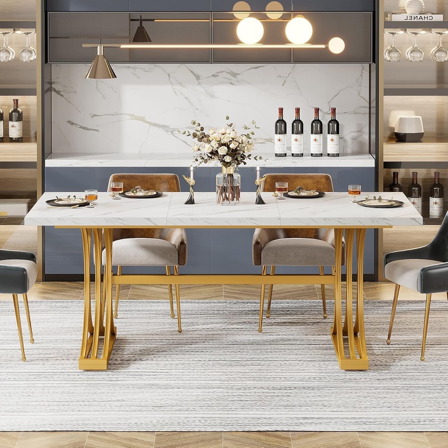63" Faux Marble Dining Table, Sophisticated White and Gold Design with Metal Legs, Seats Six.